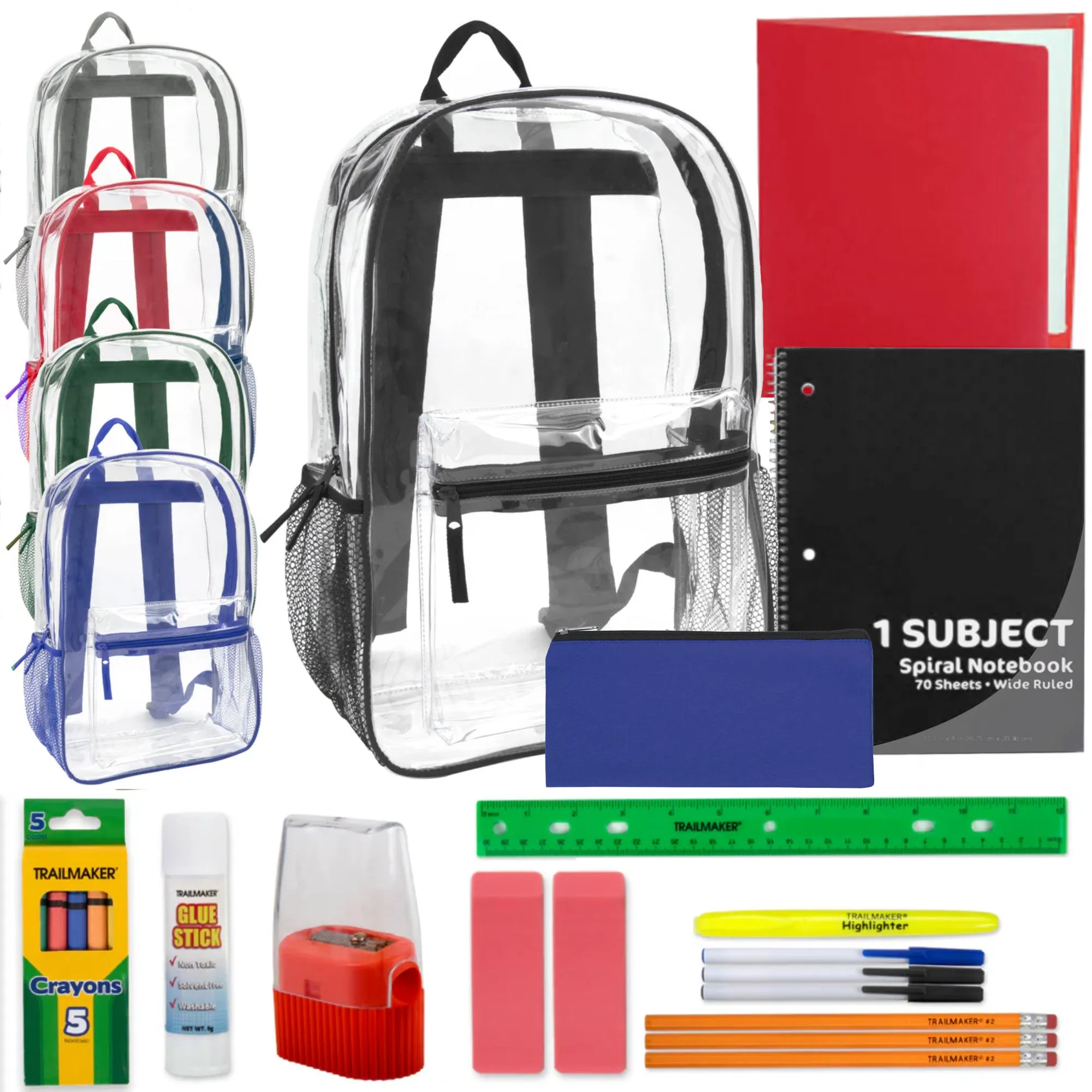 17-Inch Classic Clear Backpack with 20-Piece School Supply Kit - 5 Colors
