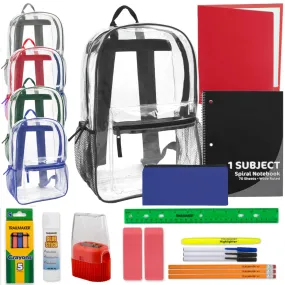 17-Inch Classic Clear Backpack with 20-Piece School Supply Kit - 5 Colors