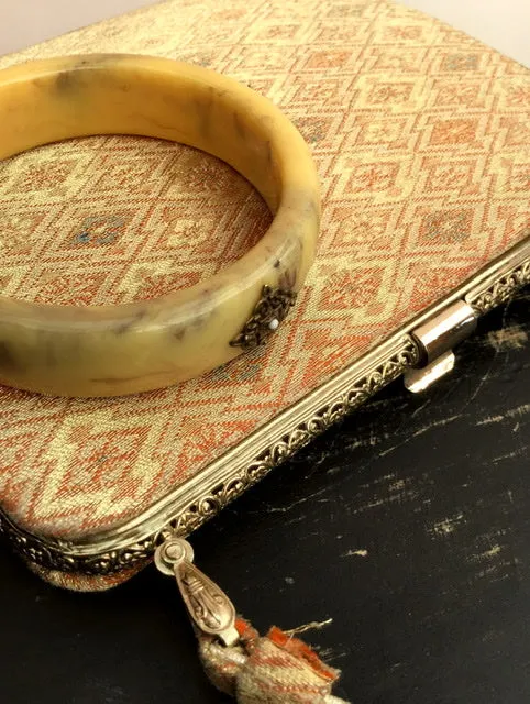 1940s Vintage Brocade Lamé Purse with Yellow Lining