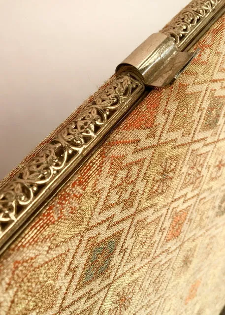 1940s Vintage Brocade Lamé Purse with Yellow Lining