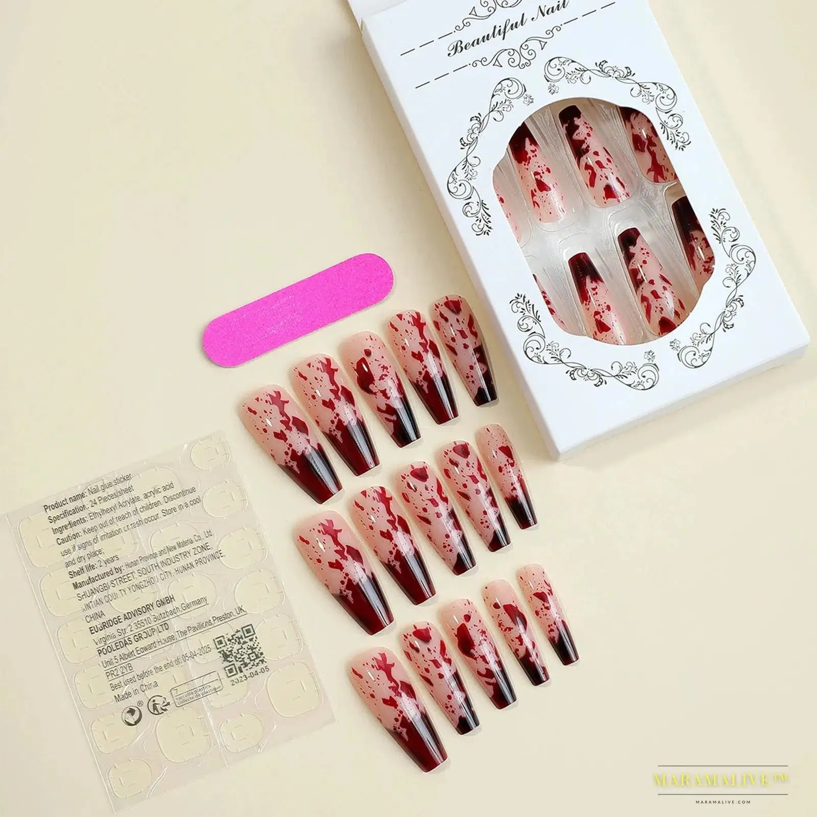 24pcs Halloween Blood Drops Gradient False Nails - Super Long Ballerina-Style Fingernail Manicure Art Decoration
