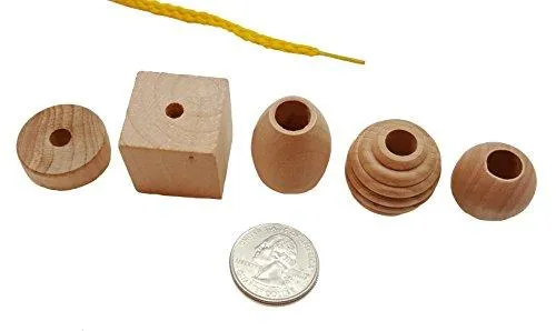 25 Natural Wood Blocks Lacing Beads by Skoolzy - Montessori Materials Preschool Toys Waldorf Motor Skills Stacking Building OT