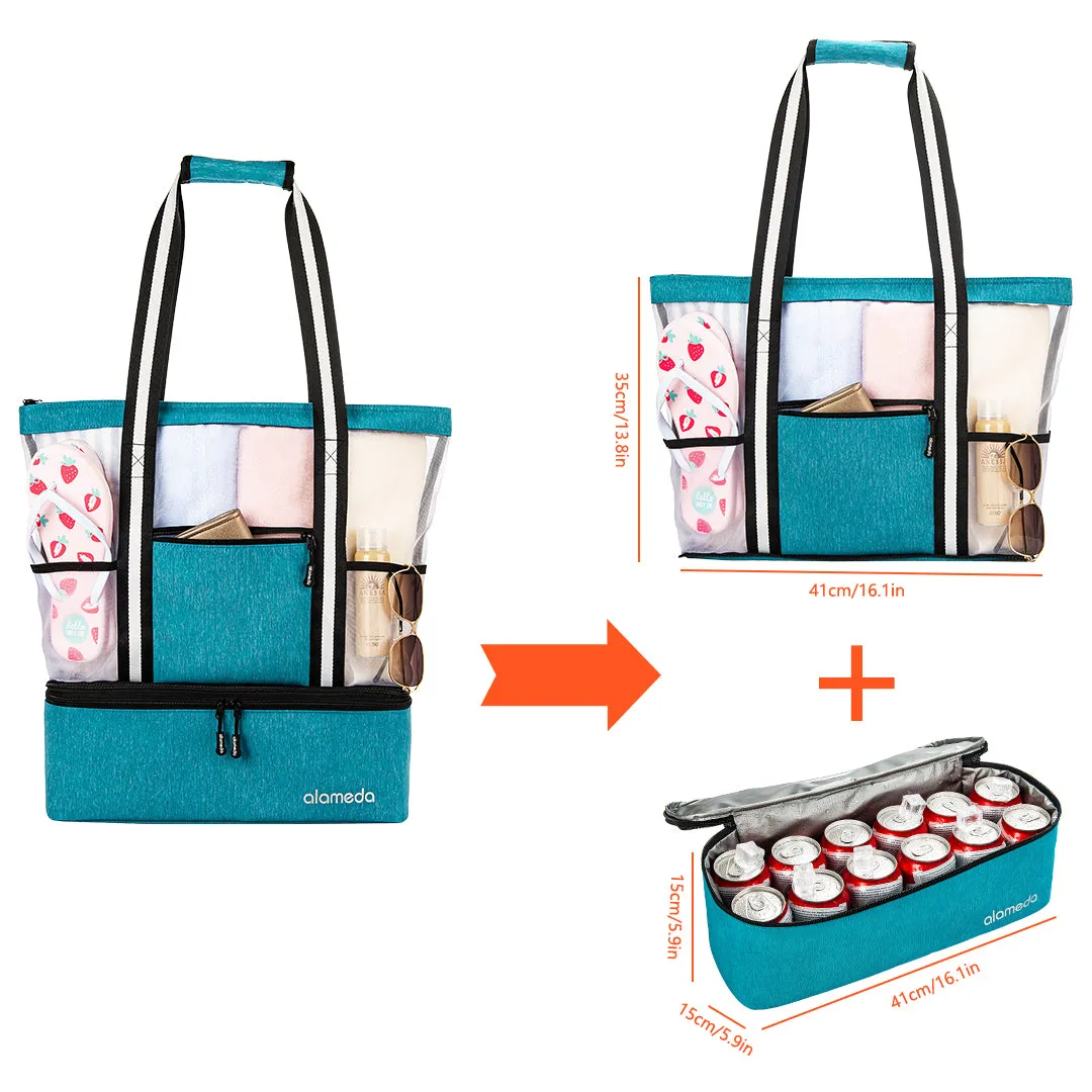 Alameda Mesh Tote Beach Bag - Cooler Bags Insulated for Travel, Zipper Top High Capacity Beach Pool Bag