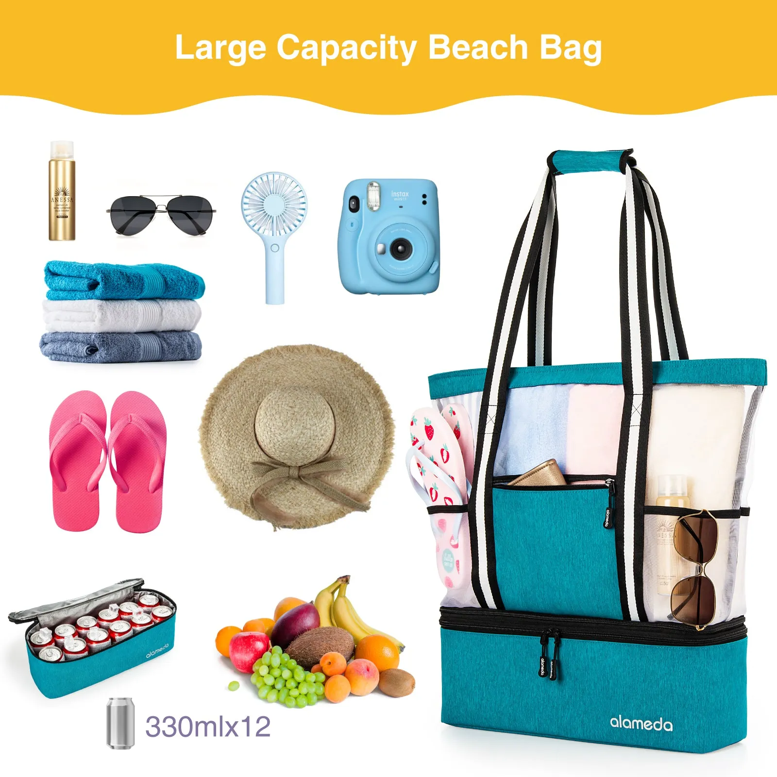 Alameda Mesh Tote Beach Bag - Cooler Bags Insulated for Travel, Zipper Top High Capacity Beach Pool Bag