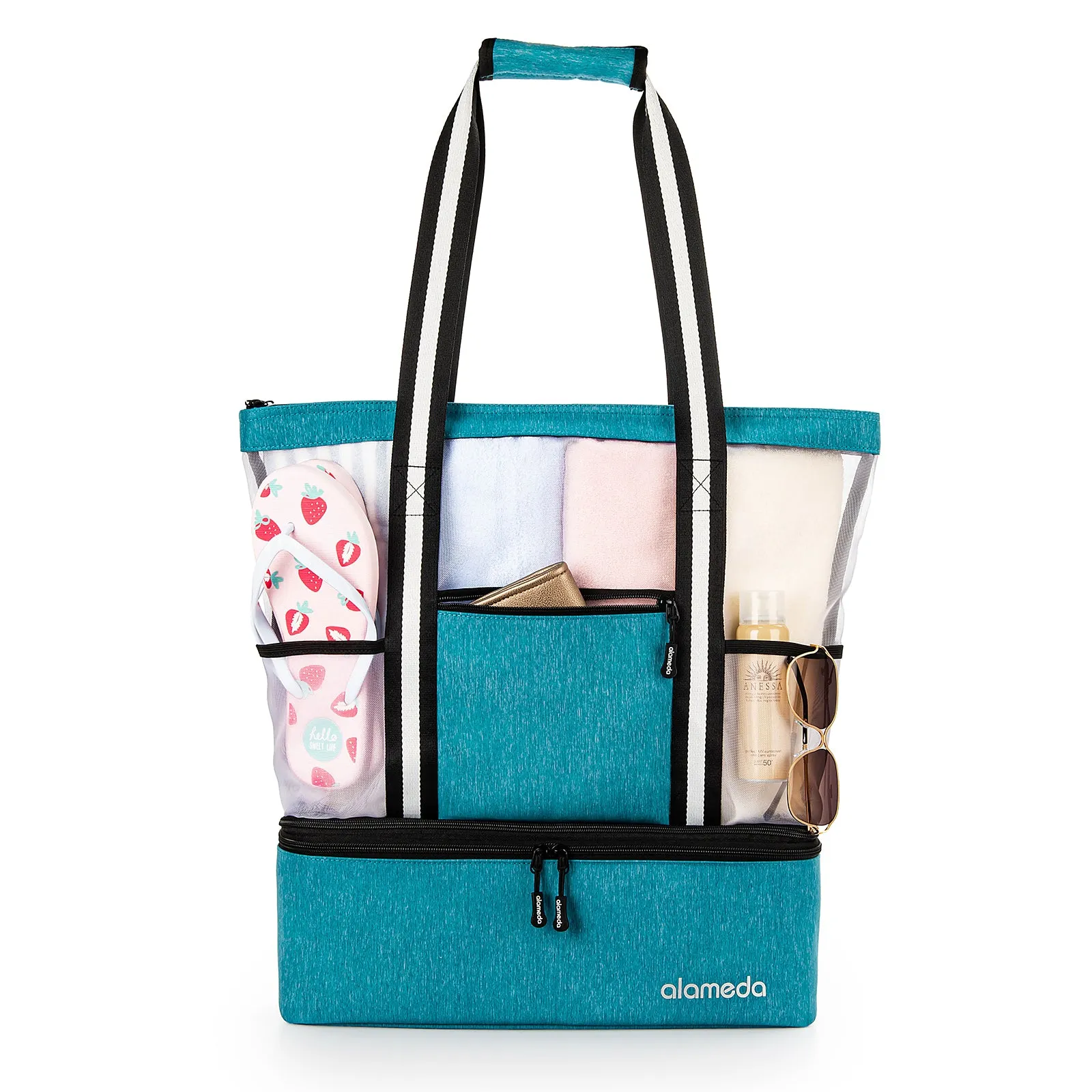 Alameda Mesh Tote Beach Bag - Cooler Bags Insulated for Travel, Zipper Top High Capacity Beach Pool Bag