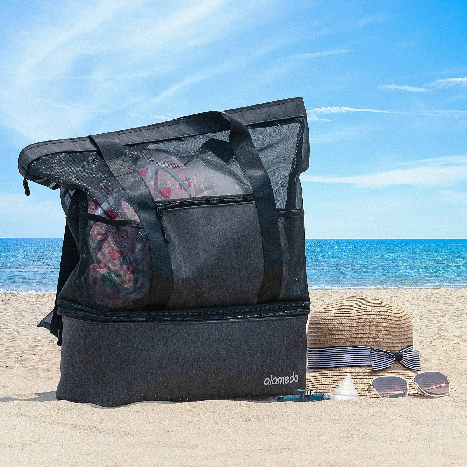 Alameda Mesh Tote Beach Bag - Cooler Bags Insulated for Travel, Zipper Top High Capacity Beach Pool Bag