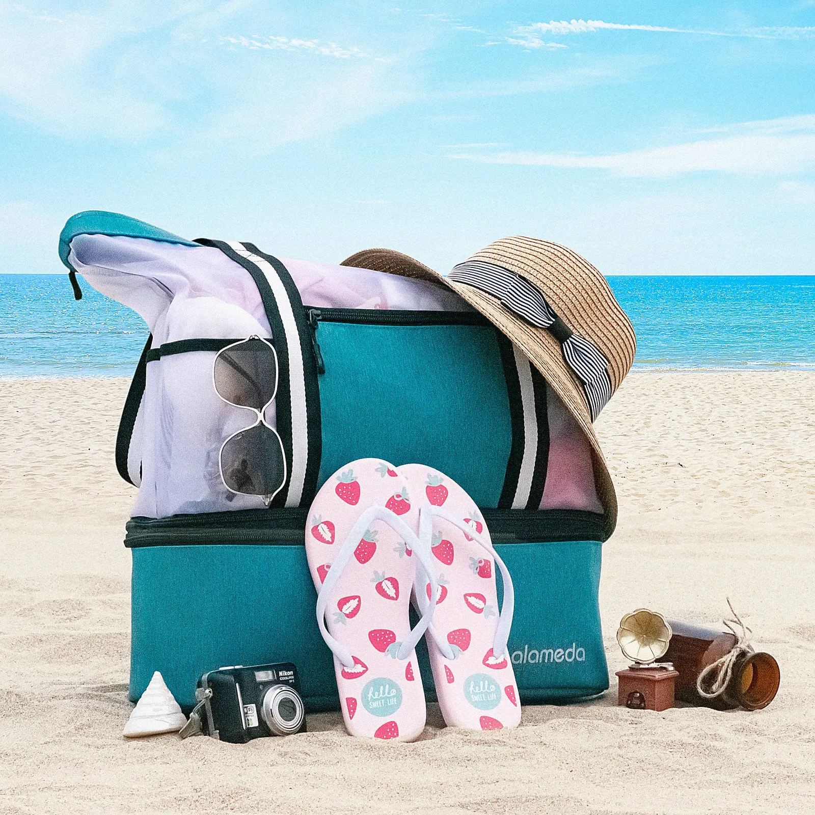 Alameda Mesh Tote Beach Bag - Cooler Bags Insulated for Travel, Zipper Top High Capacity Beach Pool Bag