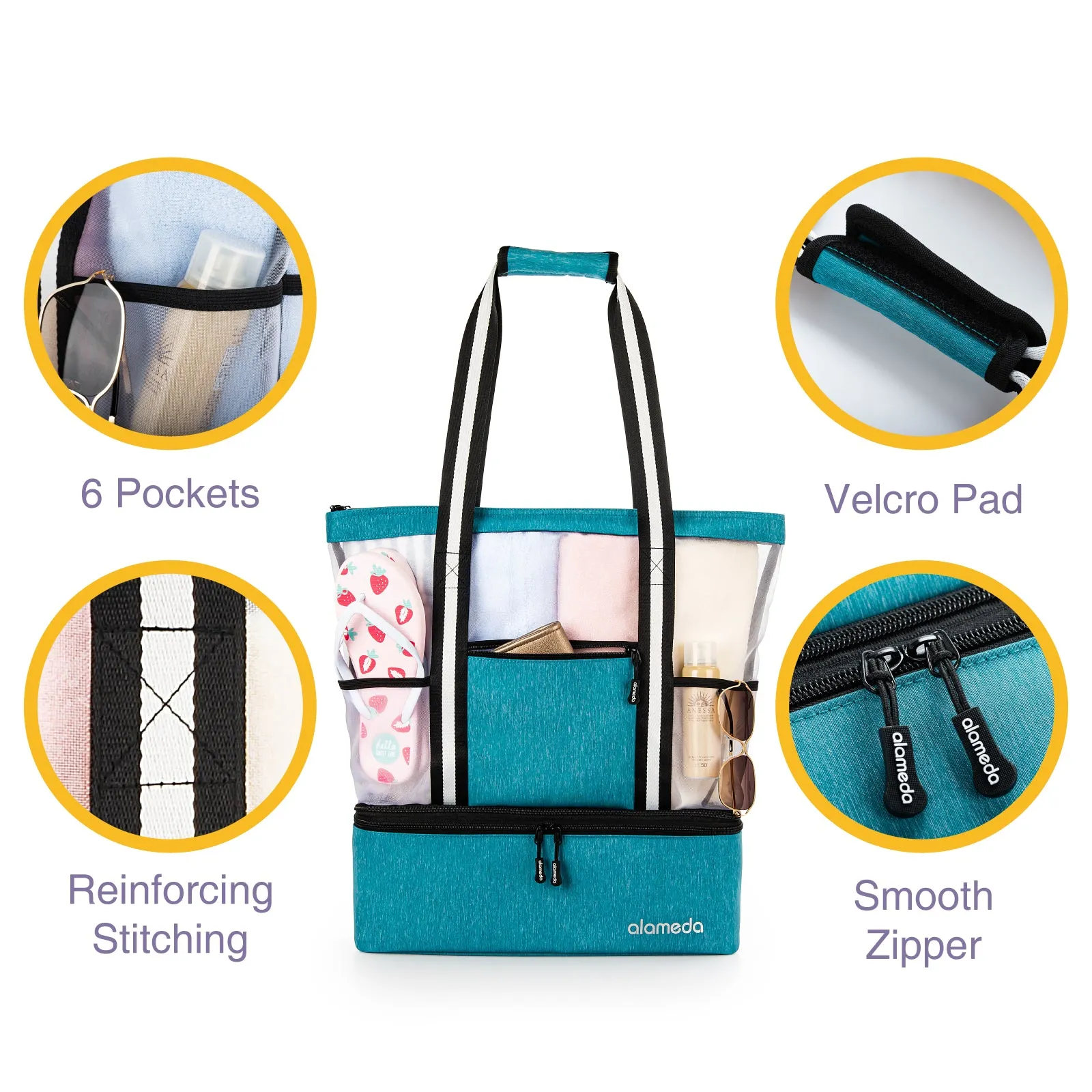 Alameda Mesh Tote Beach Bag - Cooler Bags Insulated for Travel, Zipper Top High Capacity Beach Pool Bag