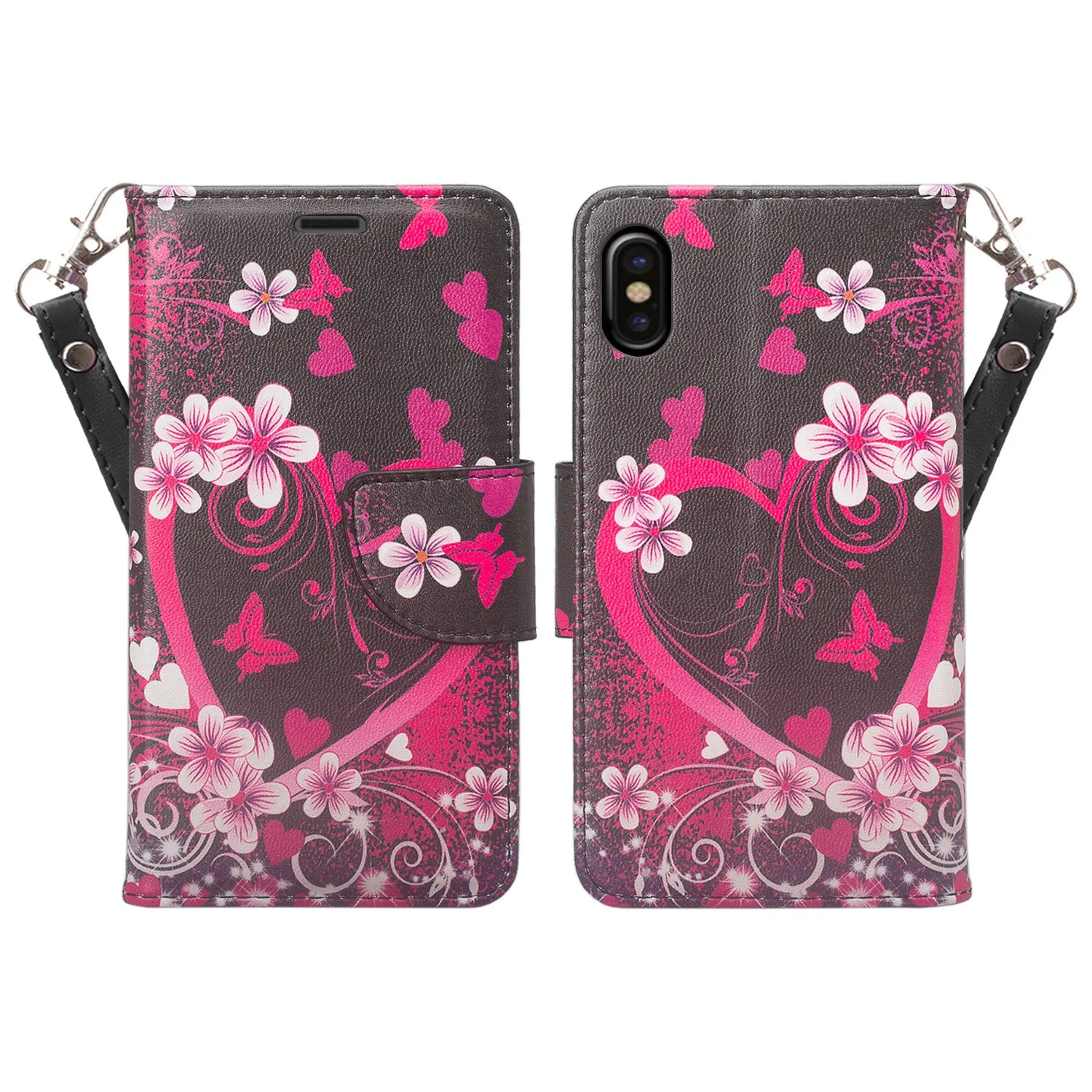 Apple iPhone ??? | iPhone Ten Case, iPhone ??? | iPhone Ten Wallet Case, Slim Flip Folio [Kickstand] Pu Leather Wallet Case with ID & Card Slots & Pocket   Wrist Strap - Heart Butterflies