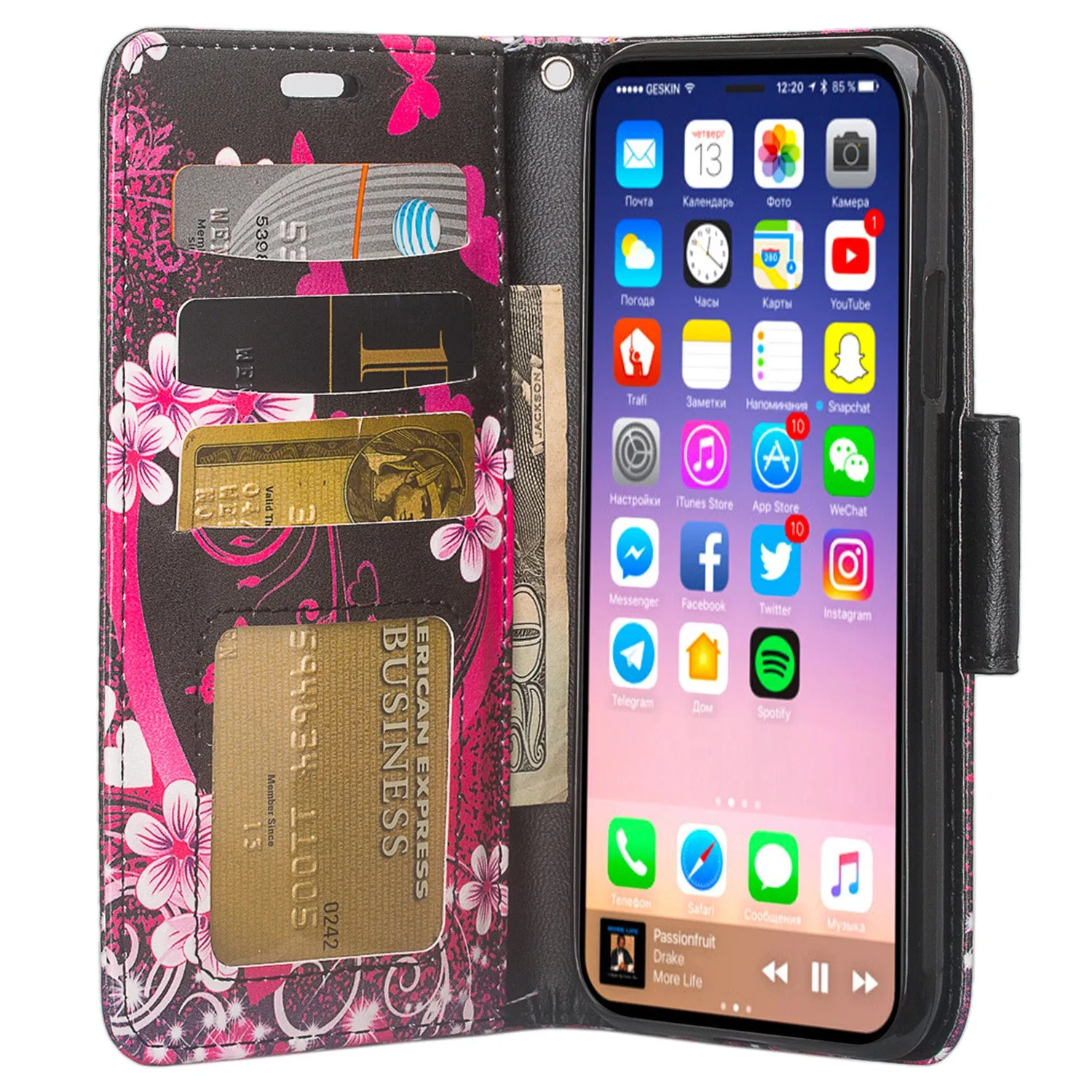 Apple iPhone ??? | iPhone Ten Case, iPhone ??? | iPhone Ten Wallet Case, Slim Flip Folio [Kickstand] Pu Leather Wallet Case with ID & Card Slots & Pocket   Wrist Strap - Heart Butterflies