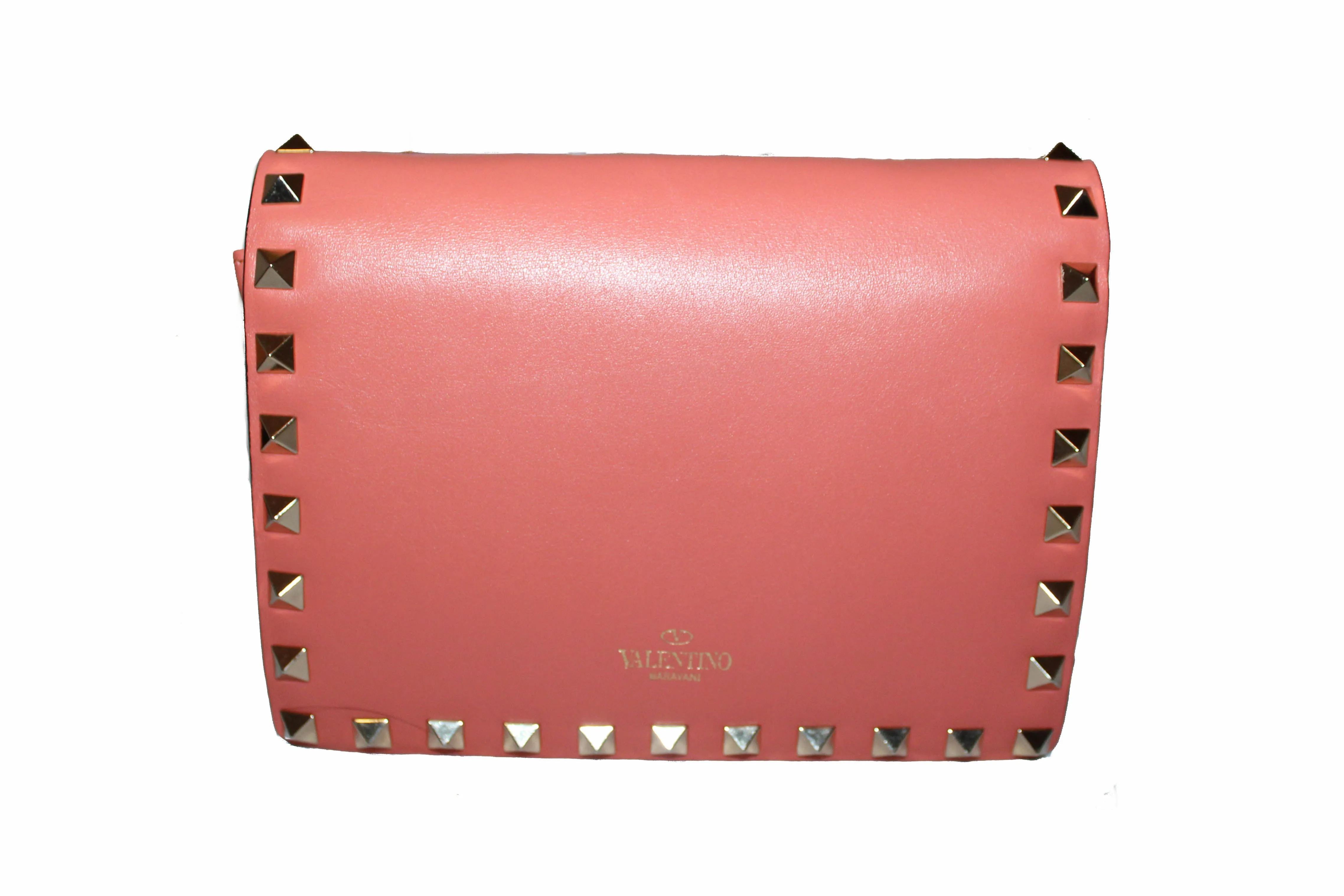 Authentic Valentino Garavani Coral Rockstud Calfskin Chain Pouch