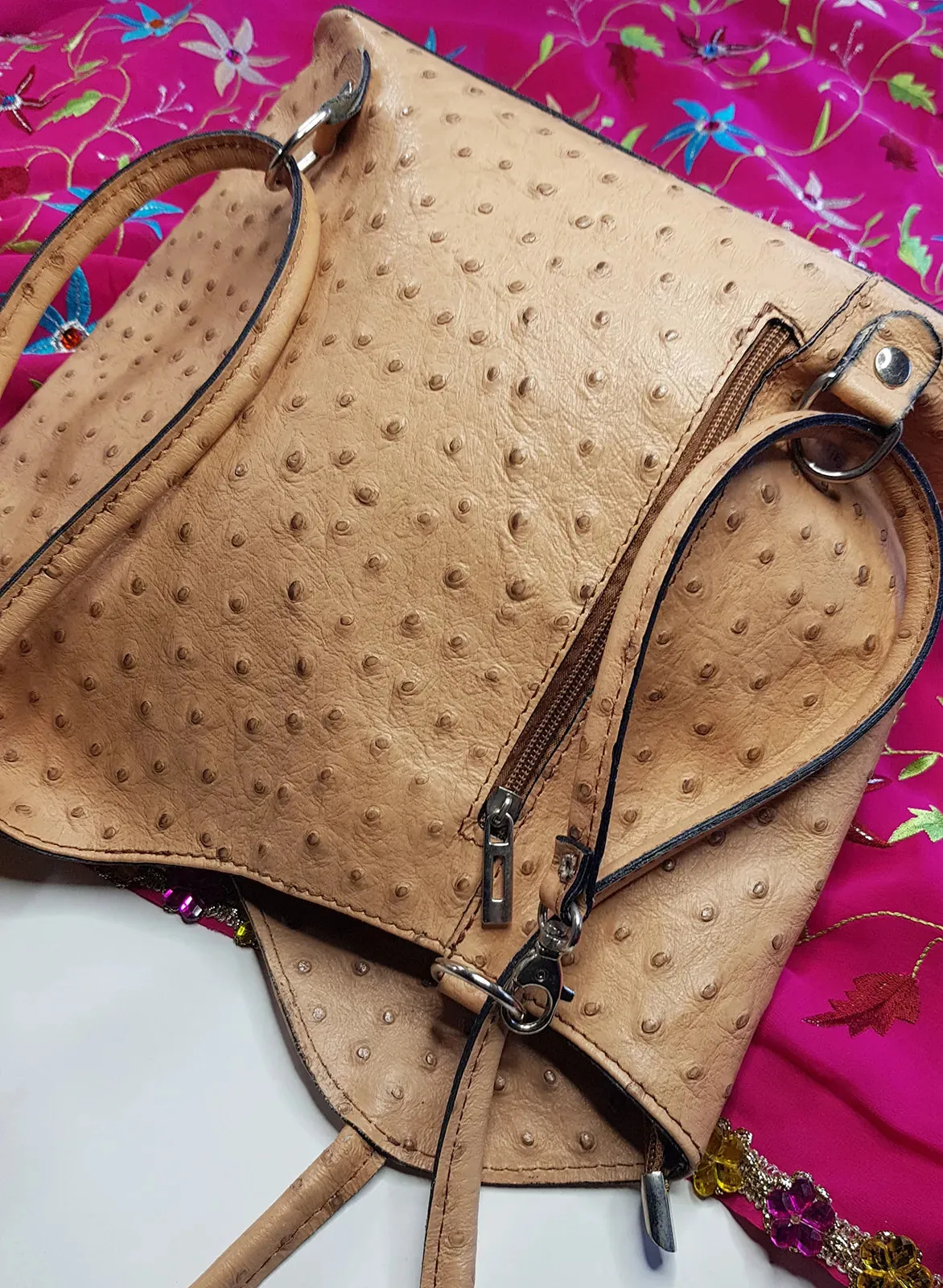 Authentic Vintage Italian Ostrich Leather Bag - Designer Pelle Di Giada Ostrich Handbag - Silver Hardware - Single Exterior Pocket