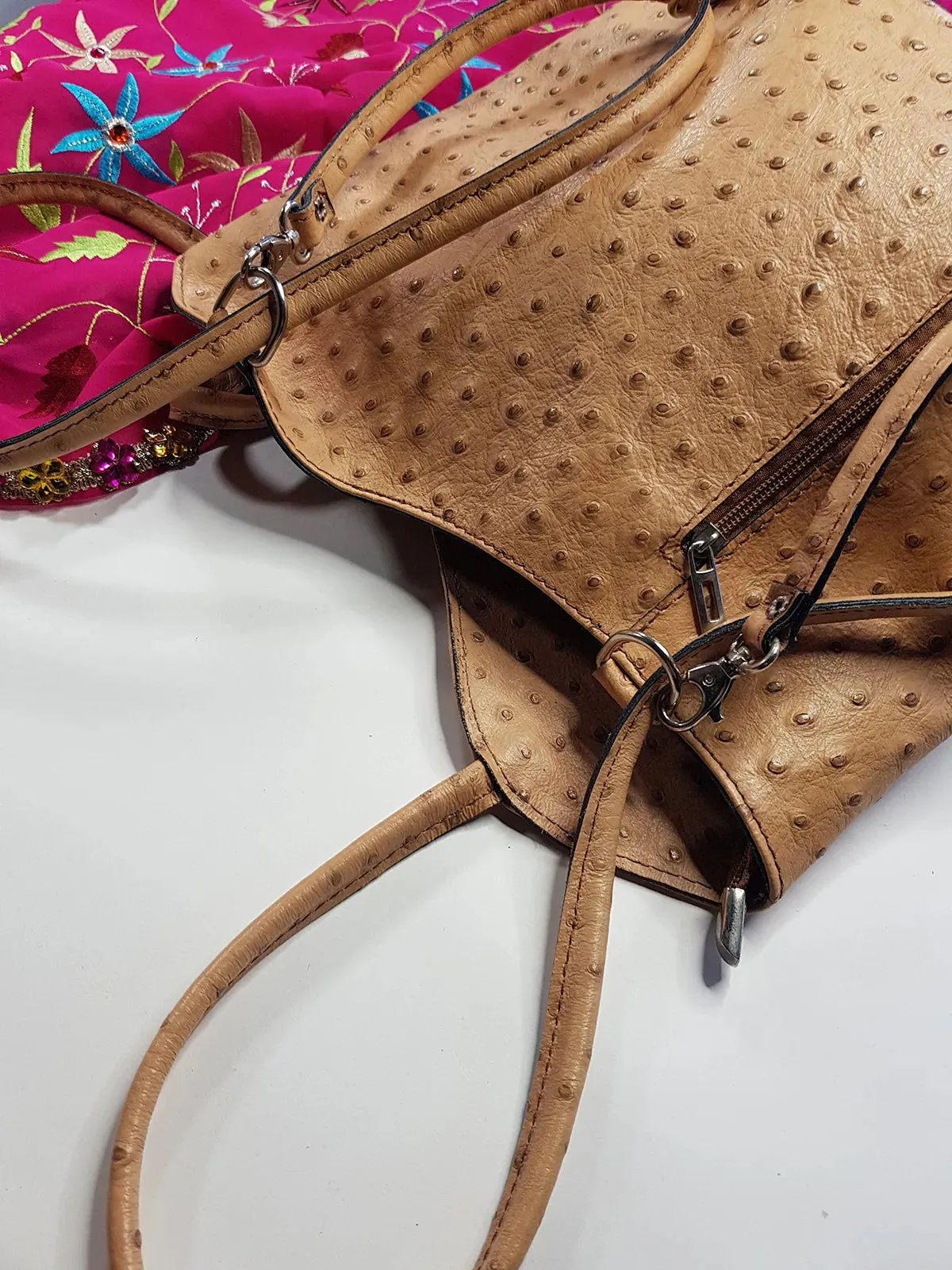 Authentic Vintage Italian Ostrich Leather Bag - Designer Pelle Di Giada Ostrich Handbag - Silver Hardware - Single Exterior Pocket