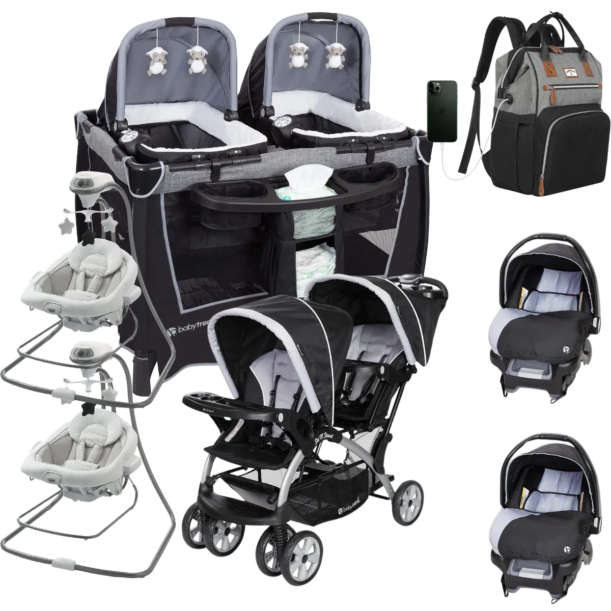 Baby Trend Twin Baby Stroller with 2 Car Seats 2 Infant Swings Twin Newborn Playard Combo