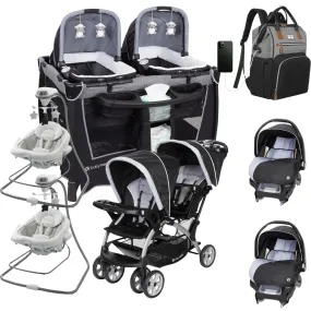 Baby Trend Twin Baby Stroller with 2 Car Seats 2 Infant Swings Twin Newborn Playard Combo