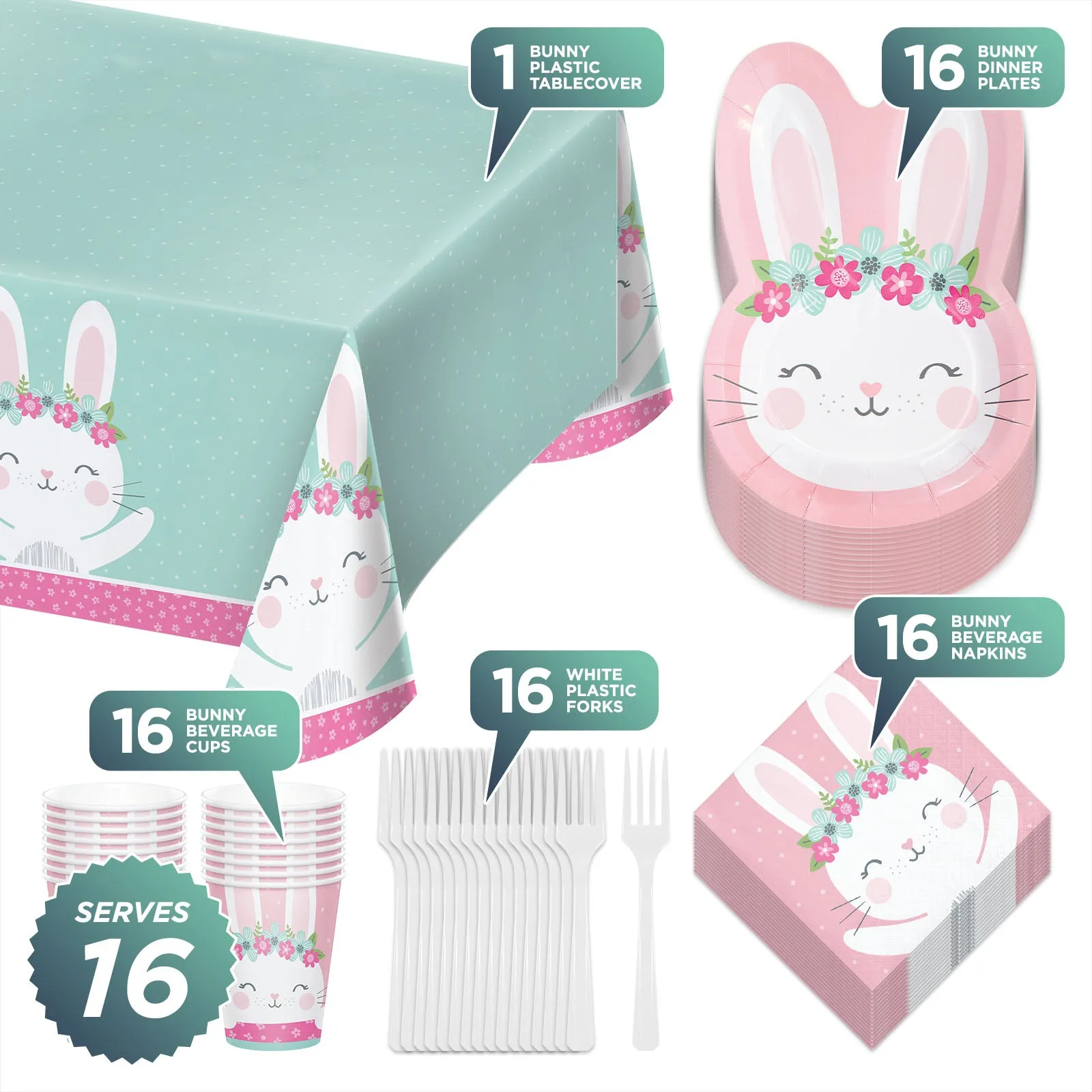Birthday Bunny Party Pack - Pink Boho Floral Paper Bunny Shaped Plates, Beverage Napkins, Cups, Forks, and Table Cover Set (Serves 16)