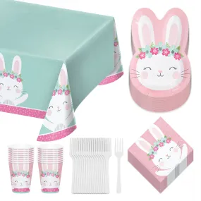 Birthday Bunny Party Pack - Pink Boho Floral Paper Bunny Shaped Plates, Beverage Napkins, Cups, Forks, and Table Cover Set (Serves 16)