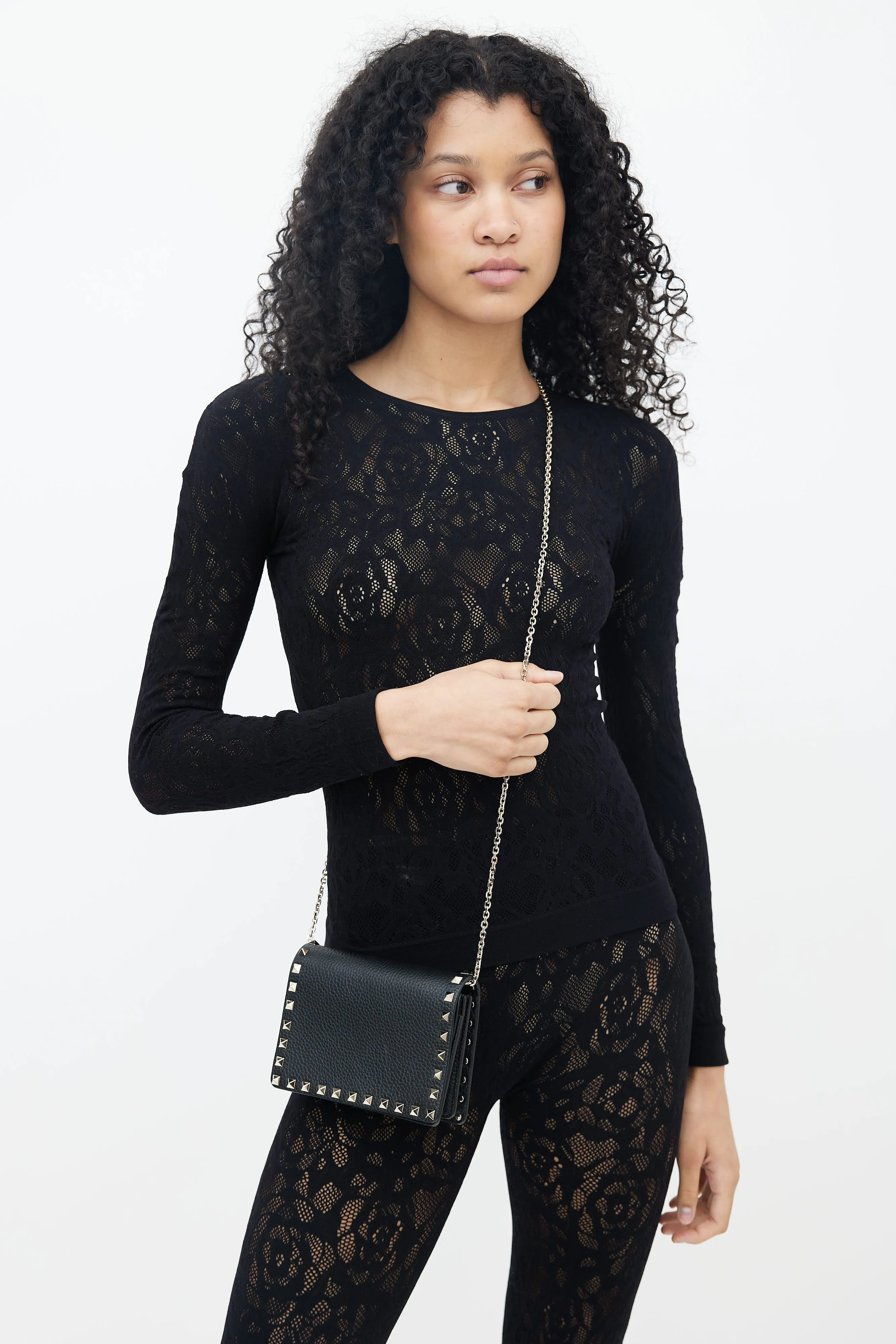 Black Leather & Gold Rockstud Shoulder Bag