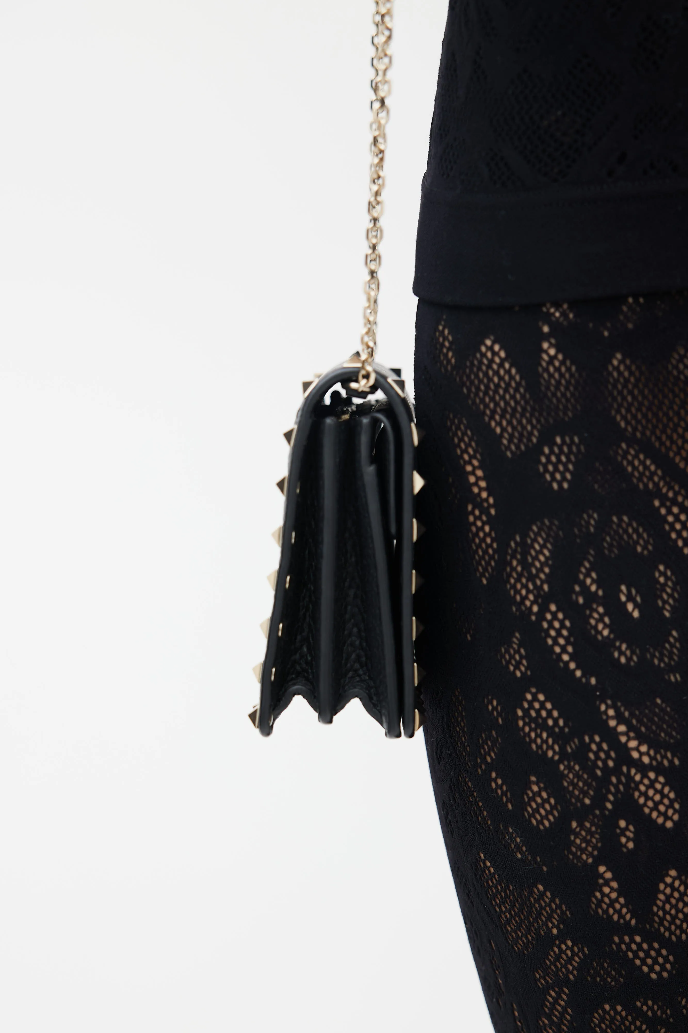 Black Leather & Gold Rockstud Shoulder Bag