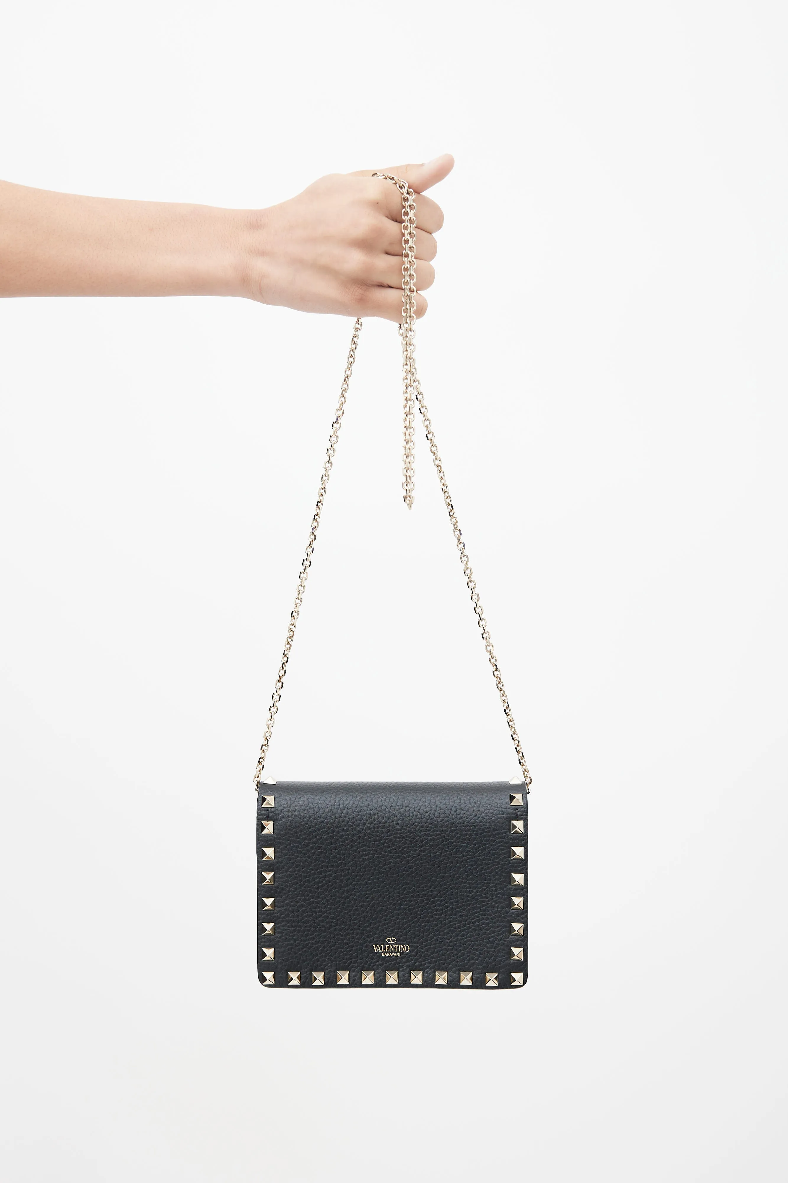 Black Leather & Gold Rockstud Shoulder Bag