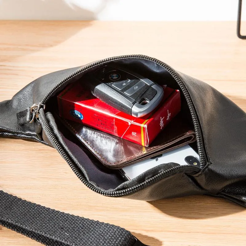 Black Mens Leather Fanny Packs Sling Bag Waist Bag Hip Pack Belt Bag Chest Bag for Men