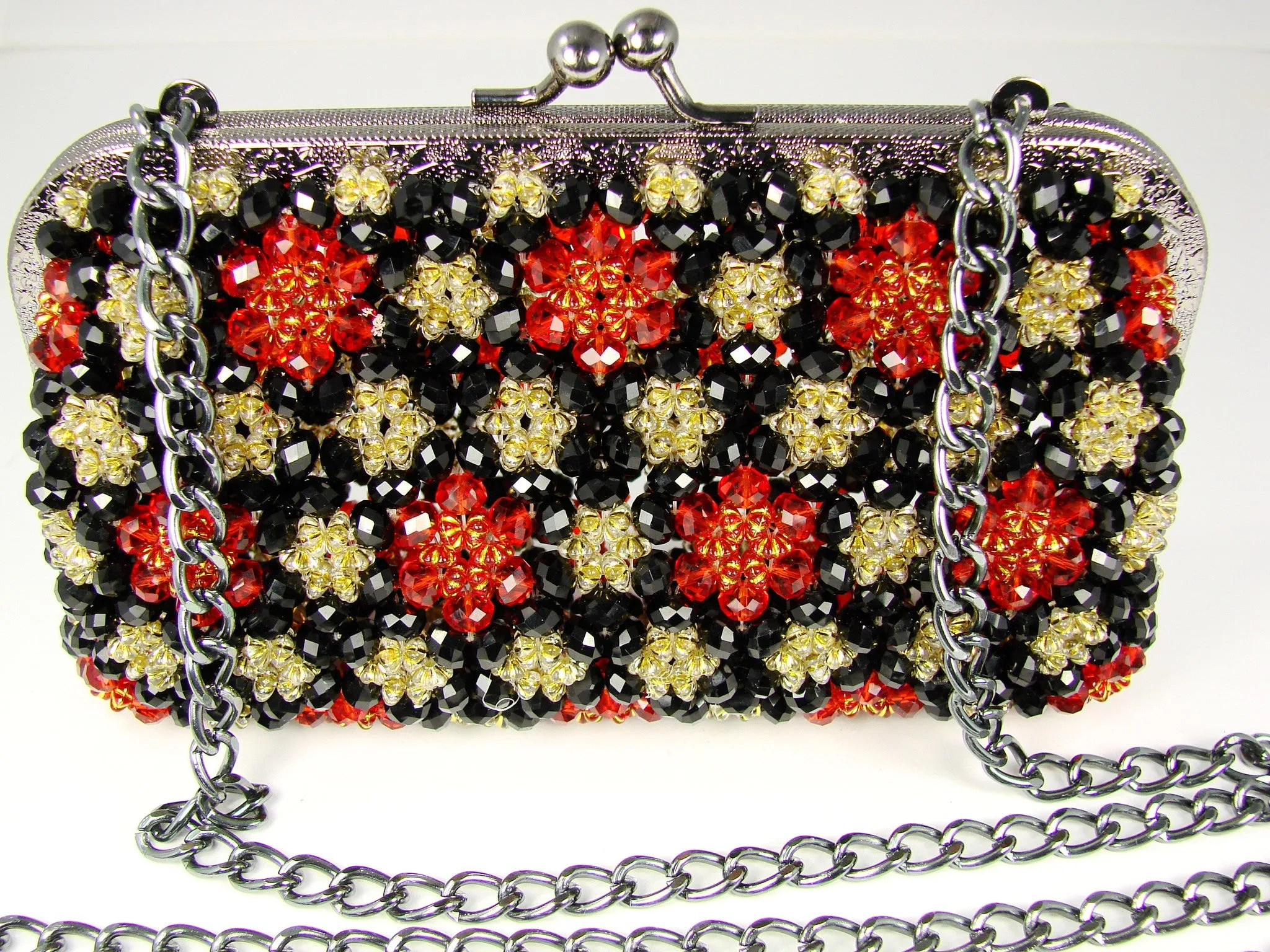 Black, Red and Gold-tone Multicolor Beaded Handbag