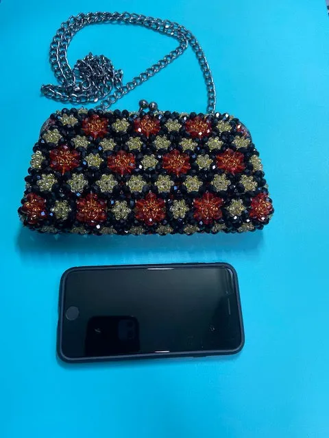 Black, Red and Gold-tone Multicolor Beaded Handbag