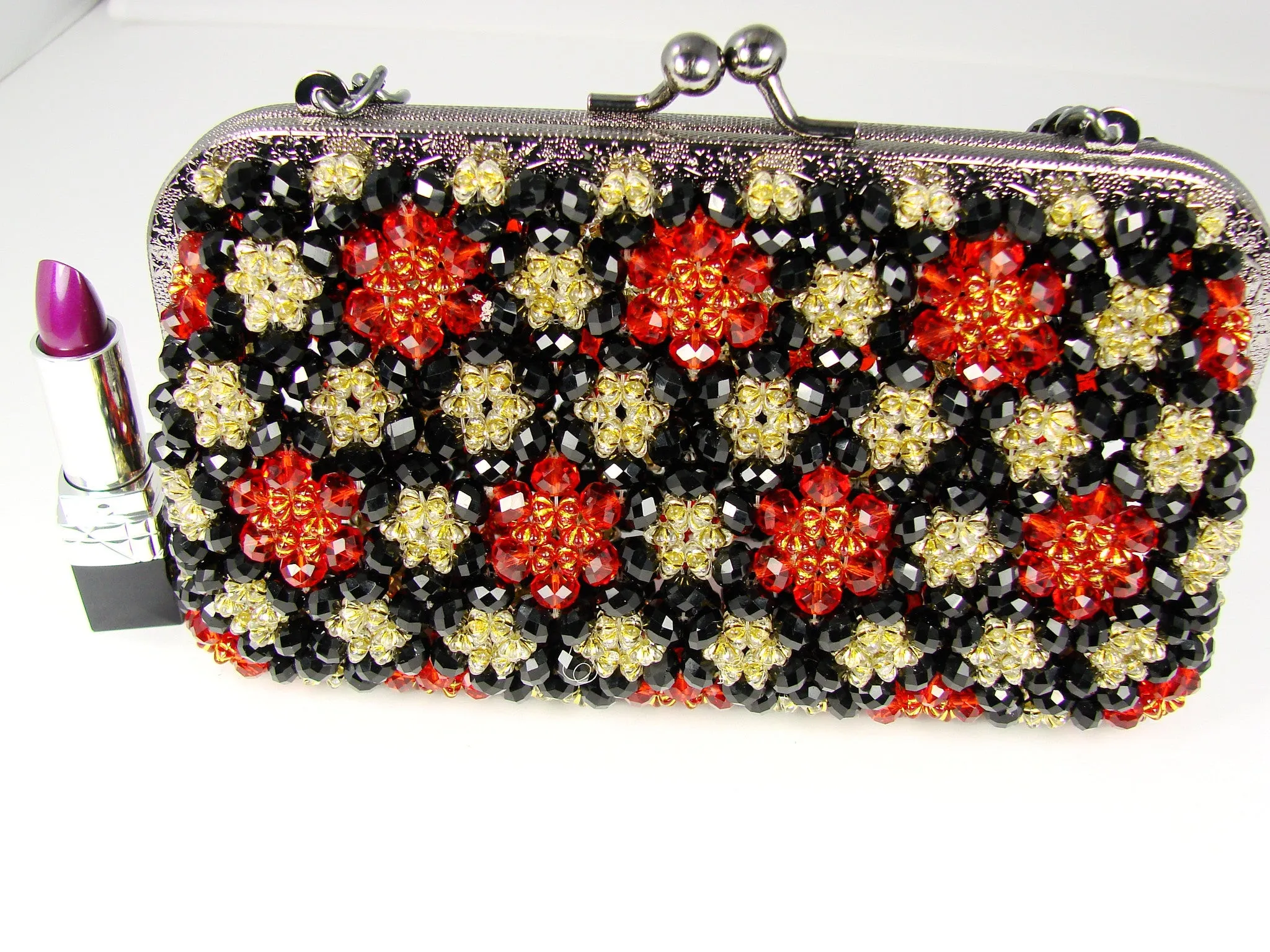 Black, Red and Gold-tone Multicolor Beaded Handbag