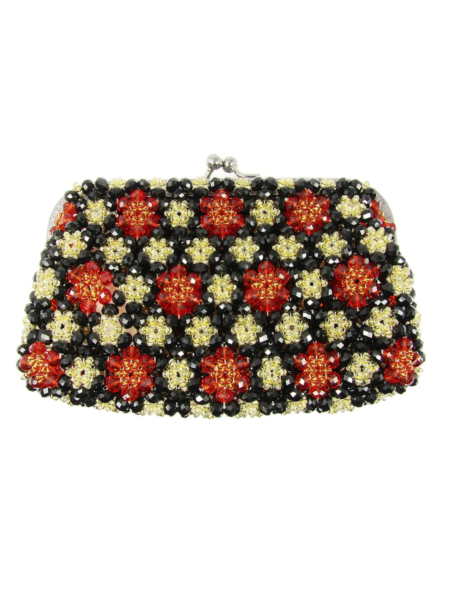 Black, Red and Gold-tone Multicolor Beaded Handbag