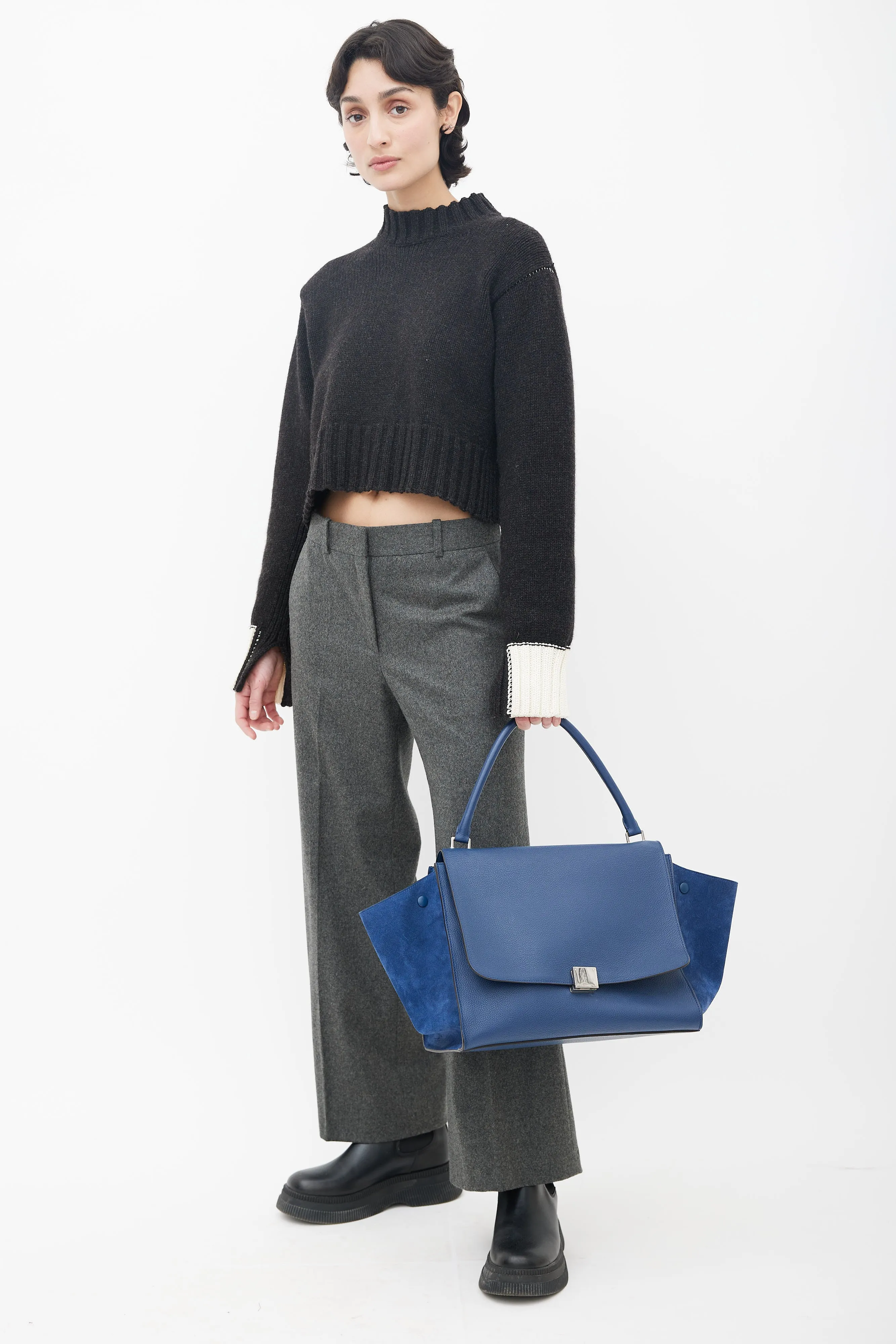 Blue Leather Trapeze Shoulder Bag