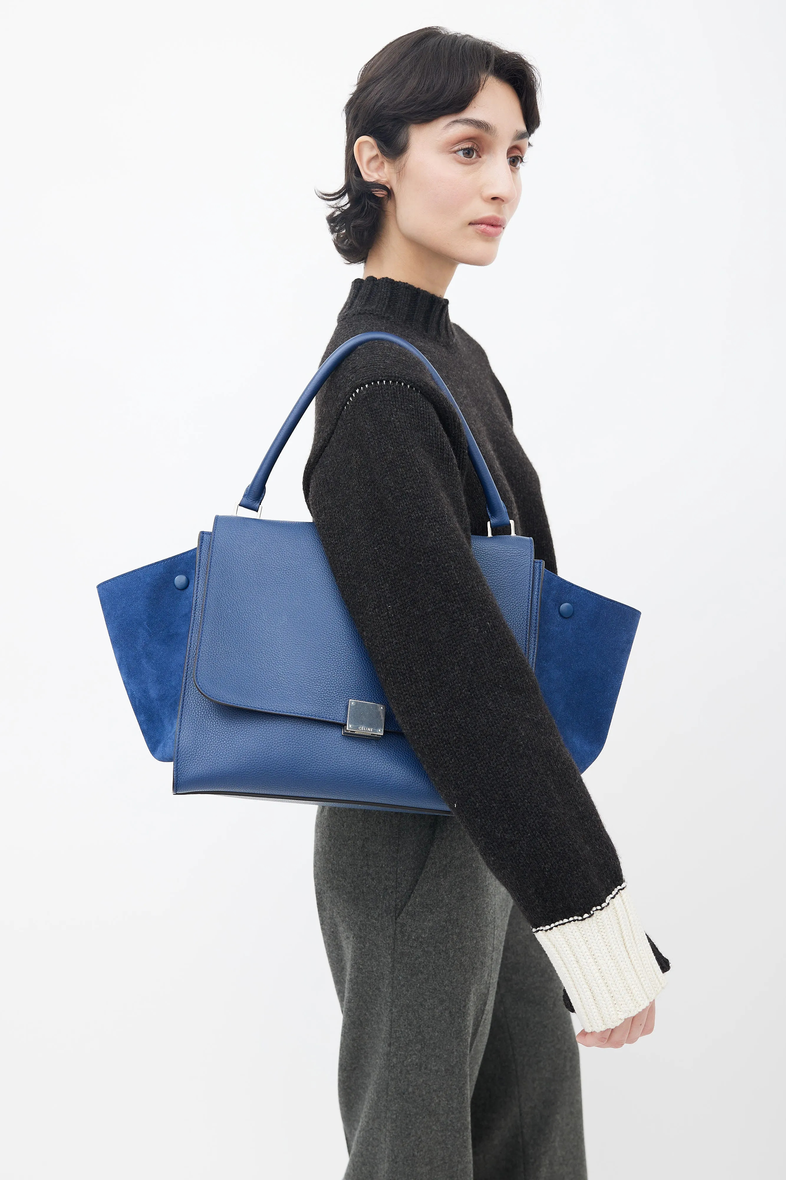 Blue Leather Trapeze Shoulder Bag