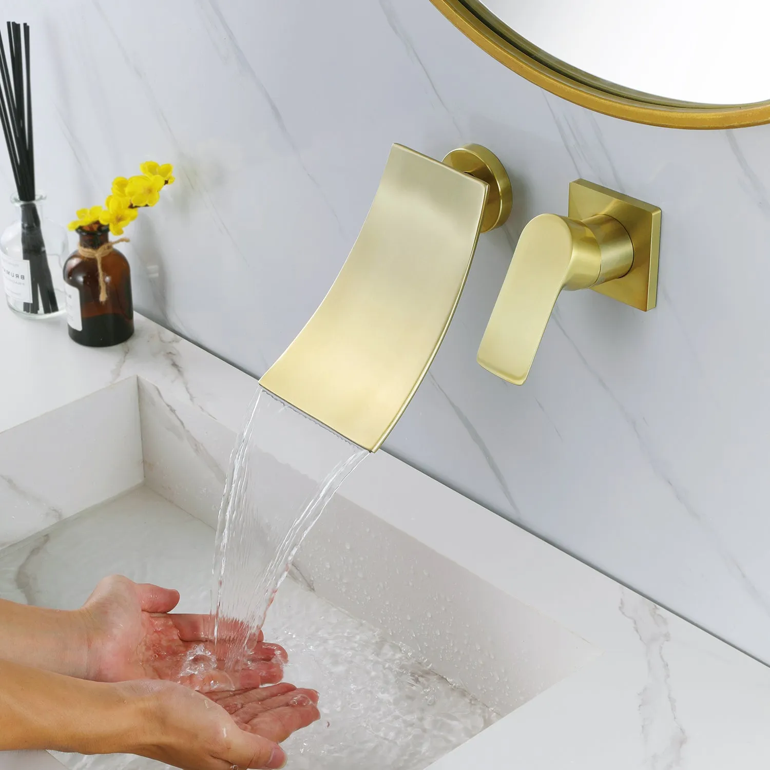 Brushed Gold Wall Mount Waterfall Spout Bathroom Sink Faucet RB1075