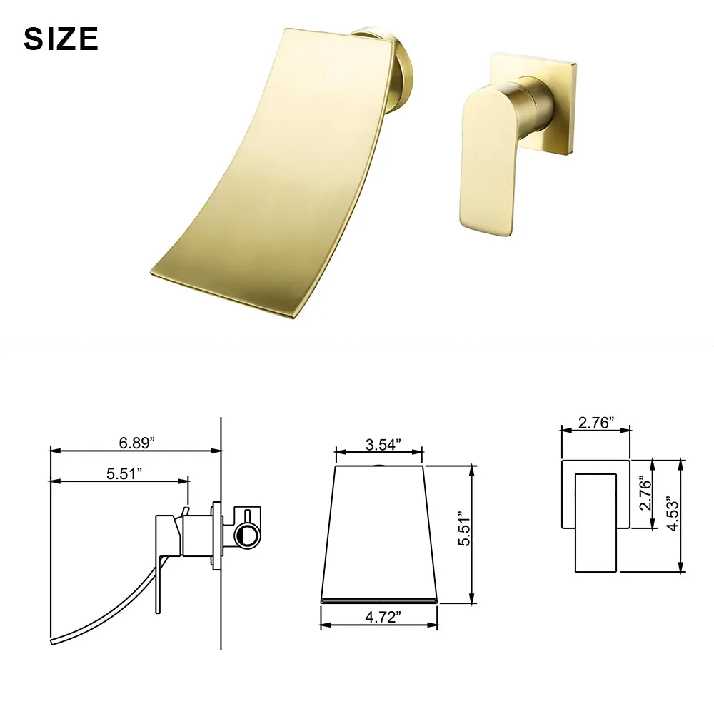 Brushed Gold Wall Mount Waterfall Spout Bathroom Sink Faucet RB1075