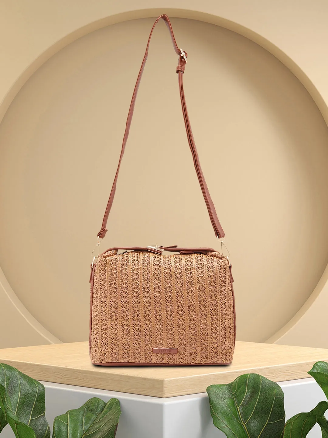 Caprese Neo Sling Medium Self Design Womens Handbag Tan