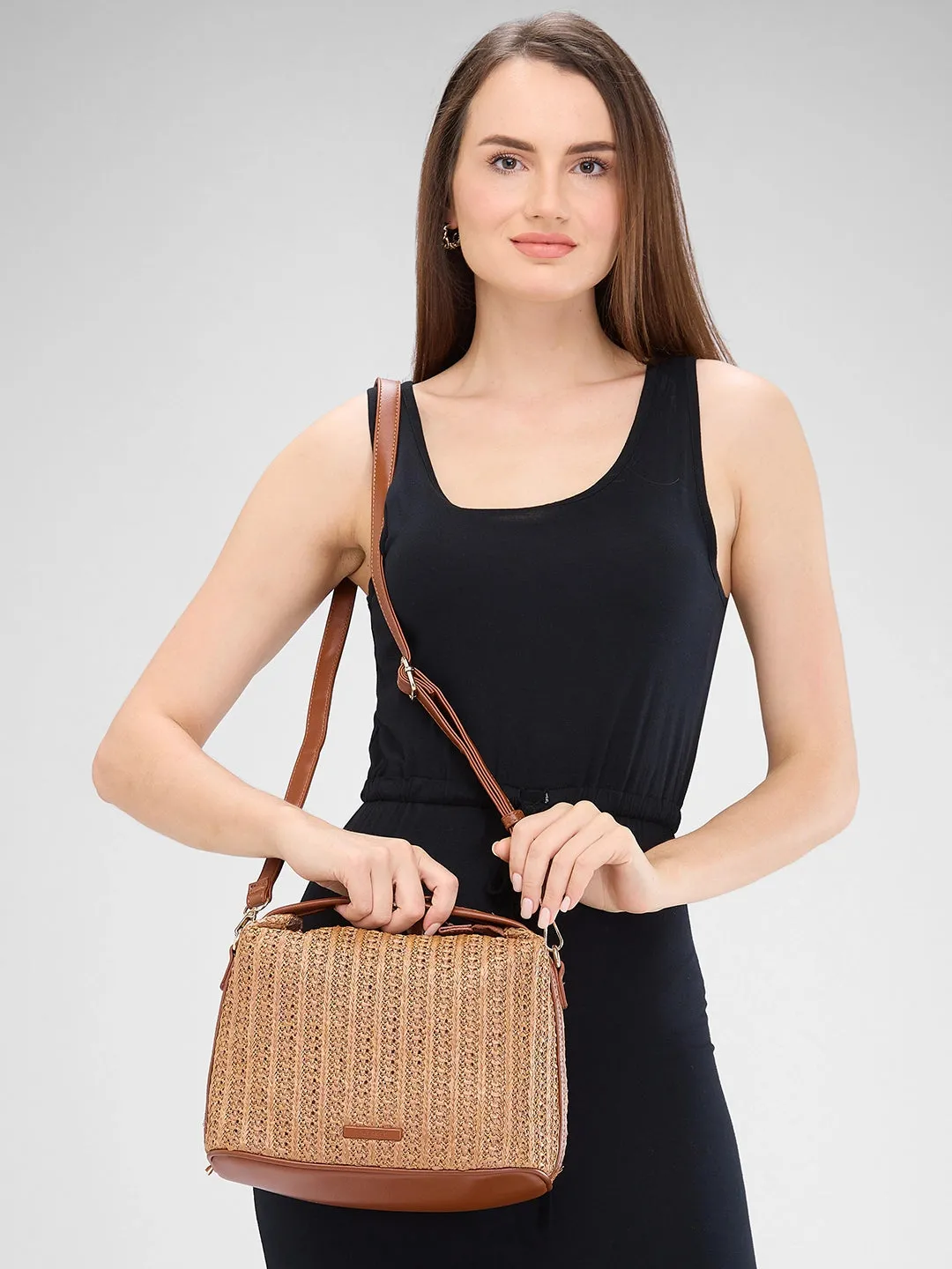 Caprese Neo Sling Medium Self Design Womens Handbag Tan