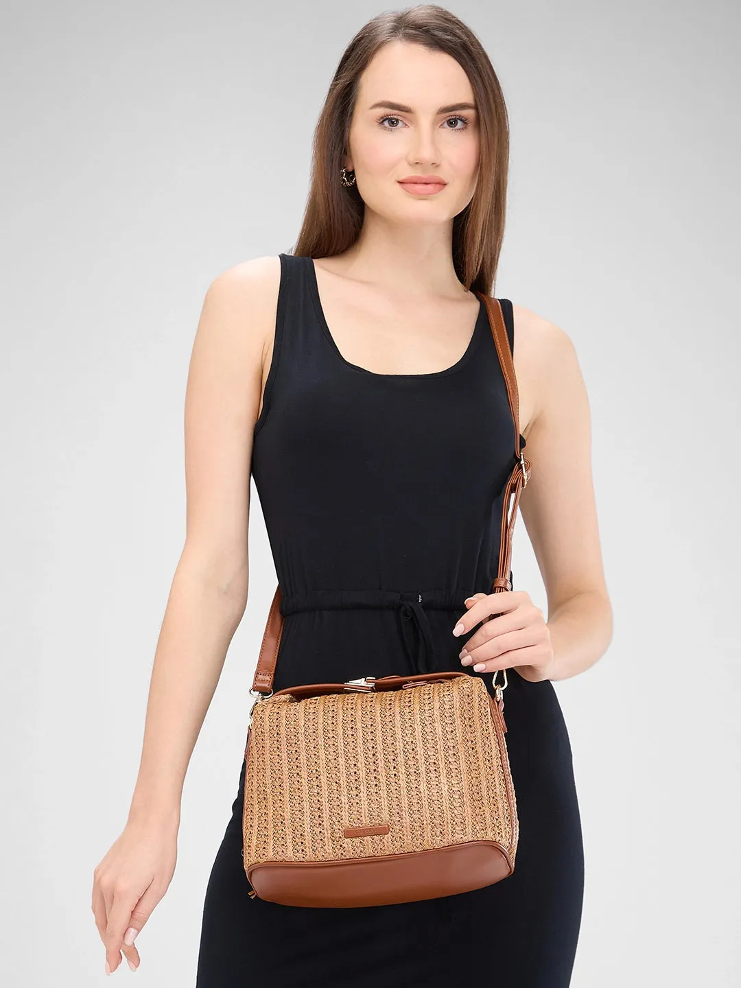 Caprese Neo Sling Medium Self Design Womens Handbag Tan