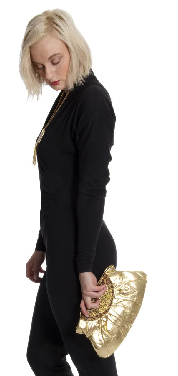 Carlos Falchi NEW Gold Lame Handbag with Leopard Print Trim
