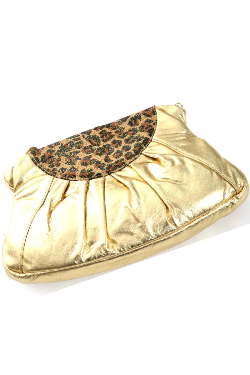Carlos Falchi NEW Gold Lame Handbag with Leopard Print Trim