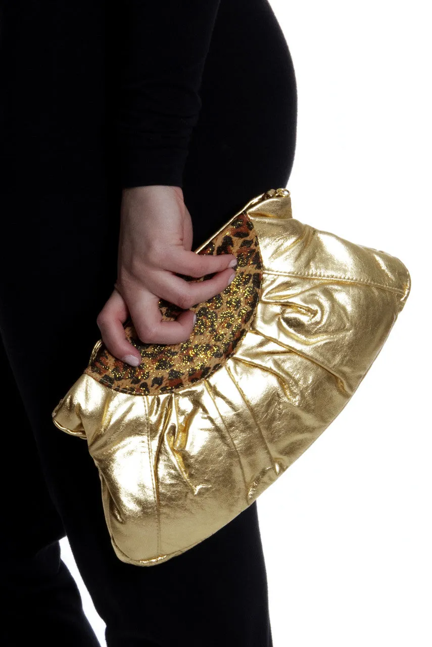 Carlos Falchi NEW Gold Lame Handbag with Leopard Print Trim
