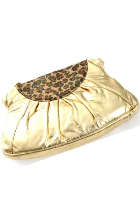 Carlos Falchi NEW Gold Lame Handbag with Leopard Print Trim