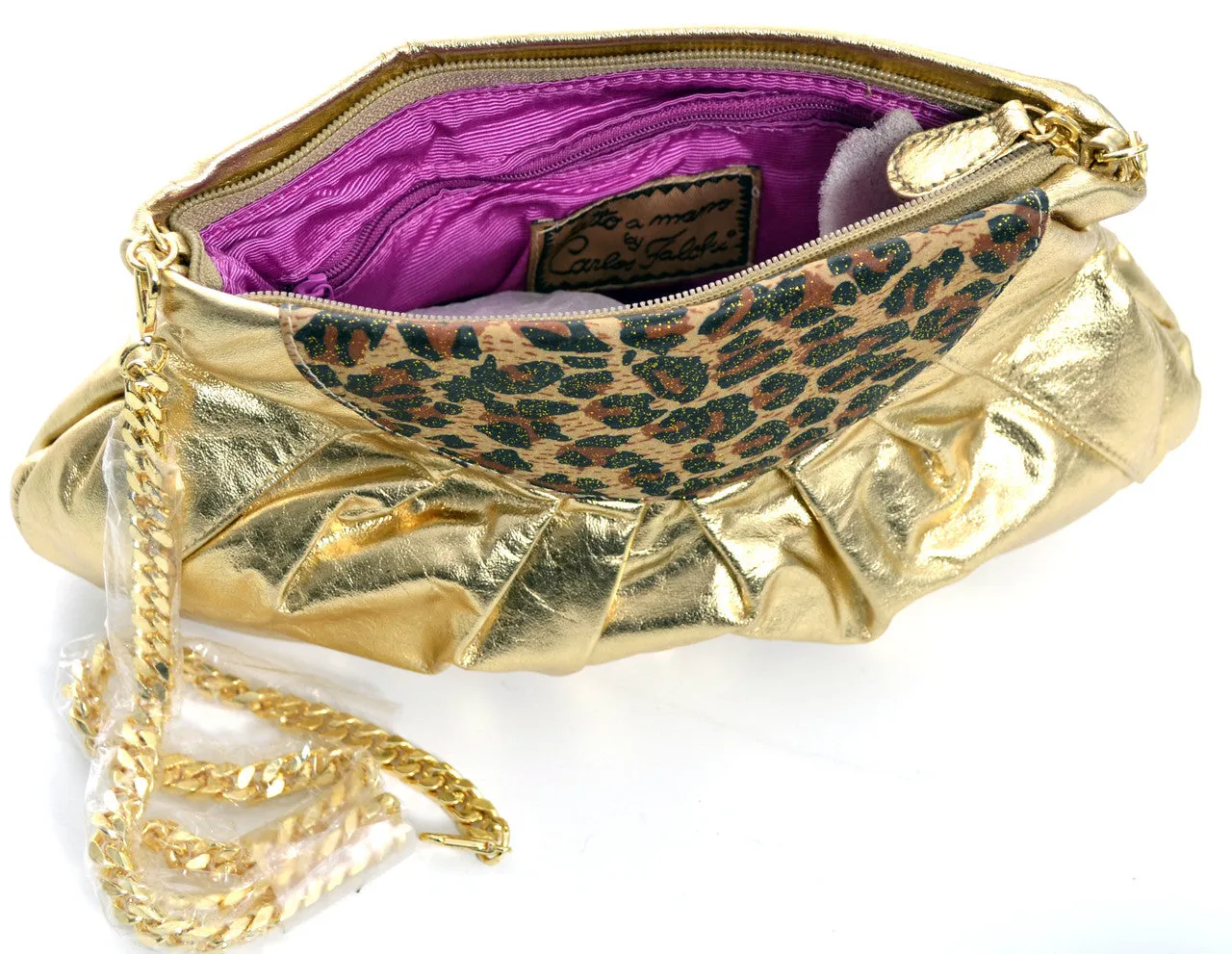 Carlos Falchi NEW Gold Lame Handbag with Leopard Print Trim
