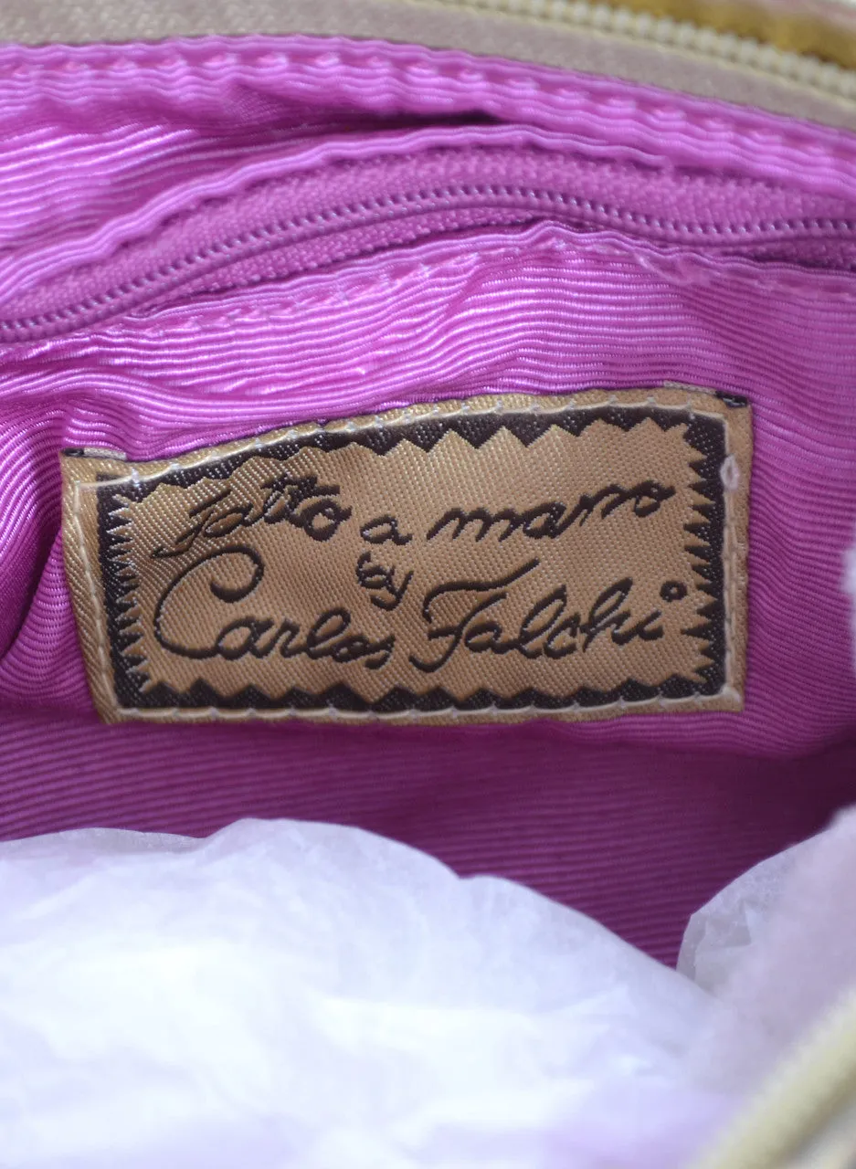 Carlos Falchi NEW Gold Lame Handbag with Leopard Print Trim