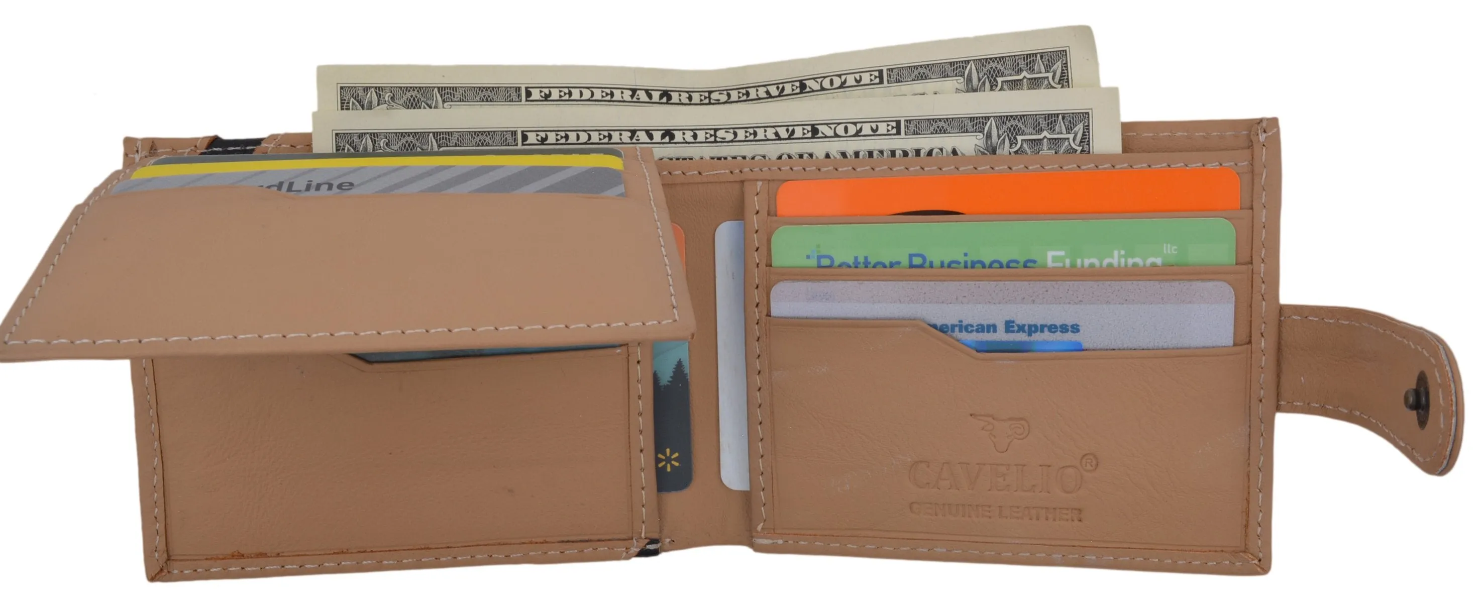 Cavelio Genuine Leather Bifold Card ID Holder Men's Tan Wallet W/ Snap Closure 403353
