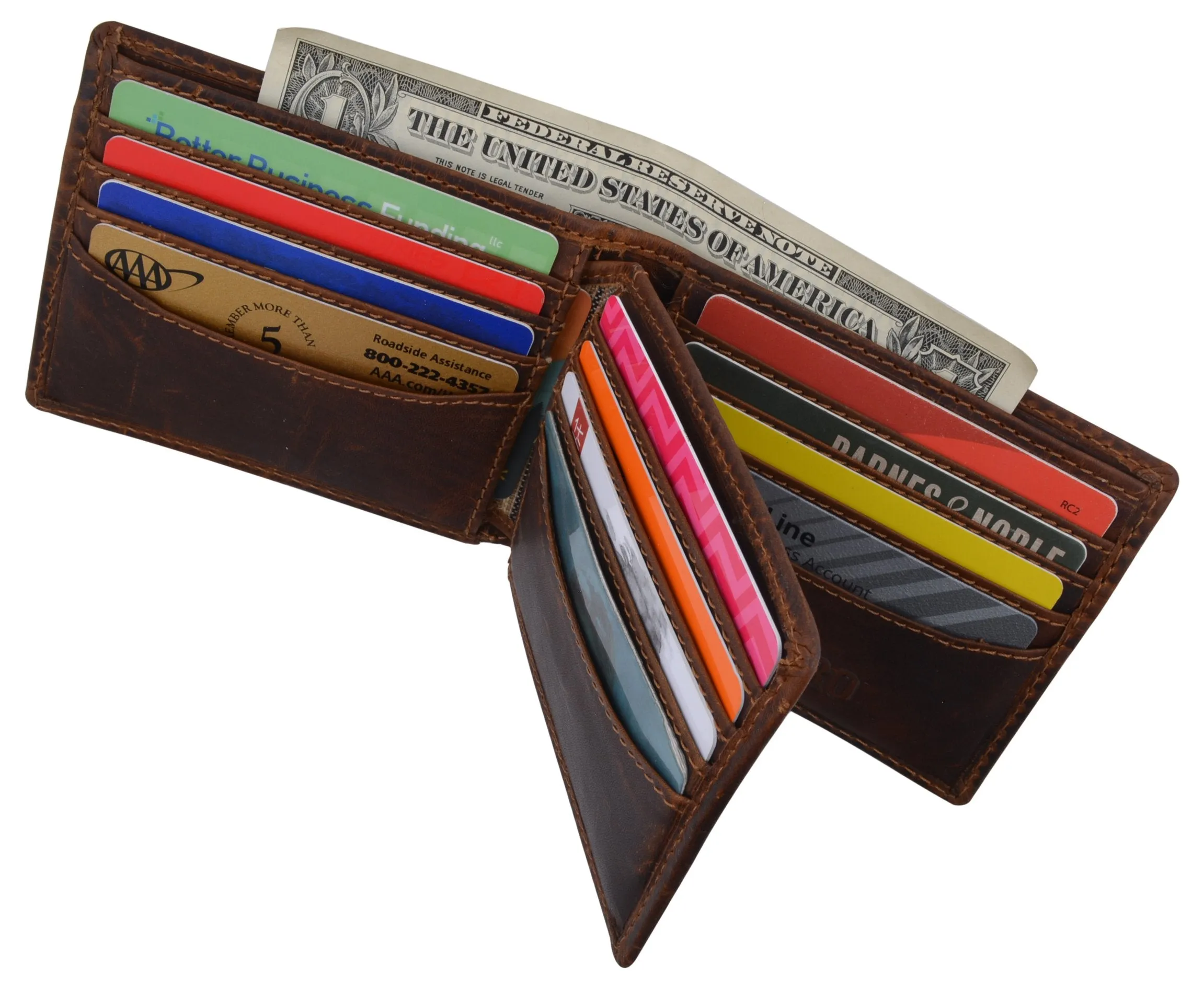 Cazoro Mens Distress Vintage Leather RFID Tested Credit Card ID Bifold Wallet 615002RHU