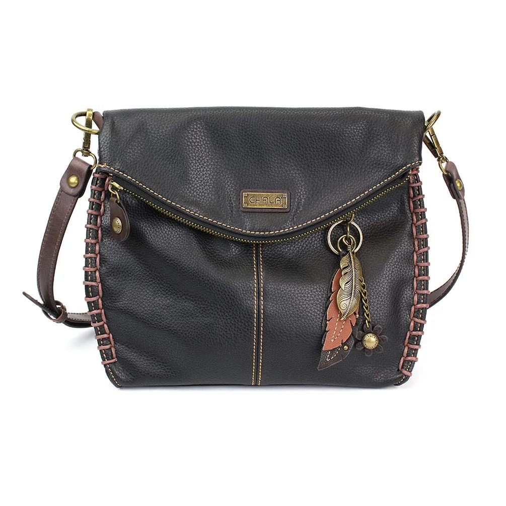 Chala Charming Black Crossbody Bag With Flap Top and Zipper or Shoulder Handbag