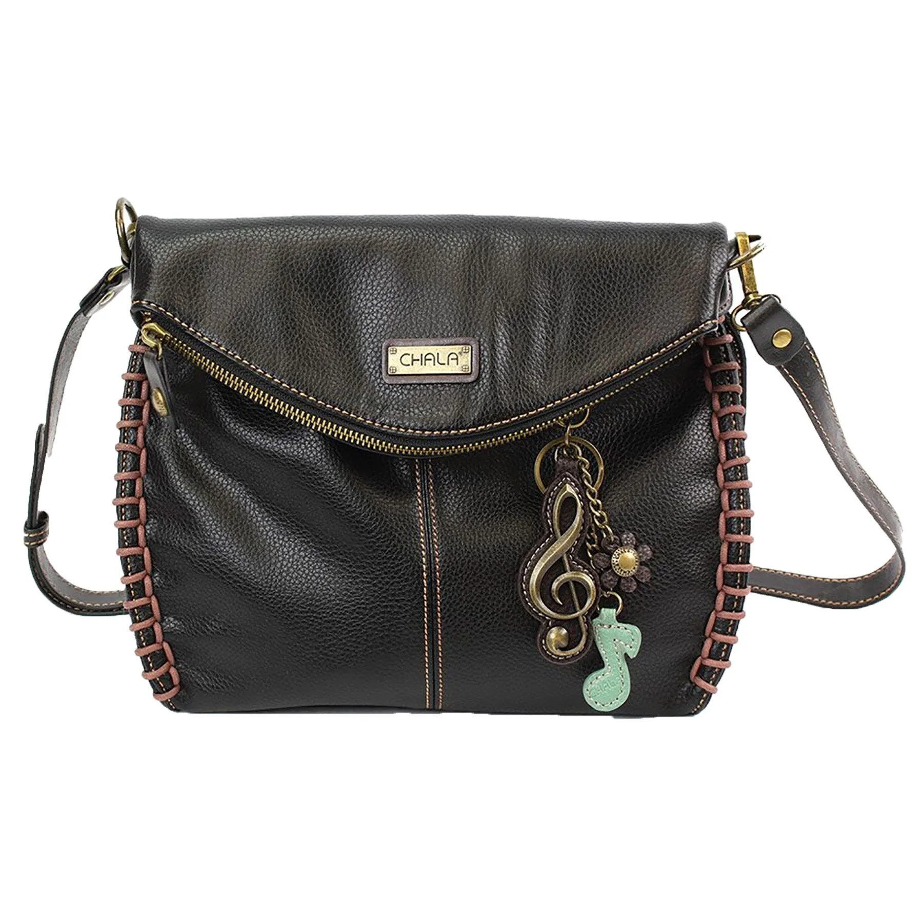 Chala Charming Black Crossbody Bag With Flap Top and Zipper or Shoulder Handbag