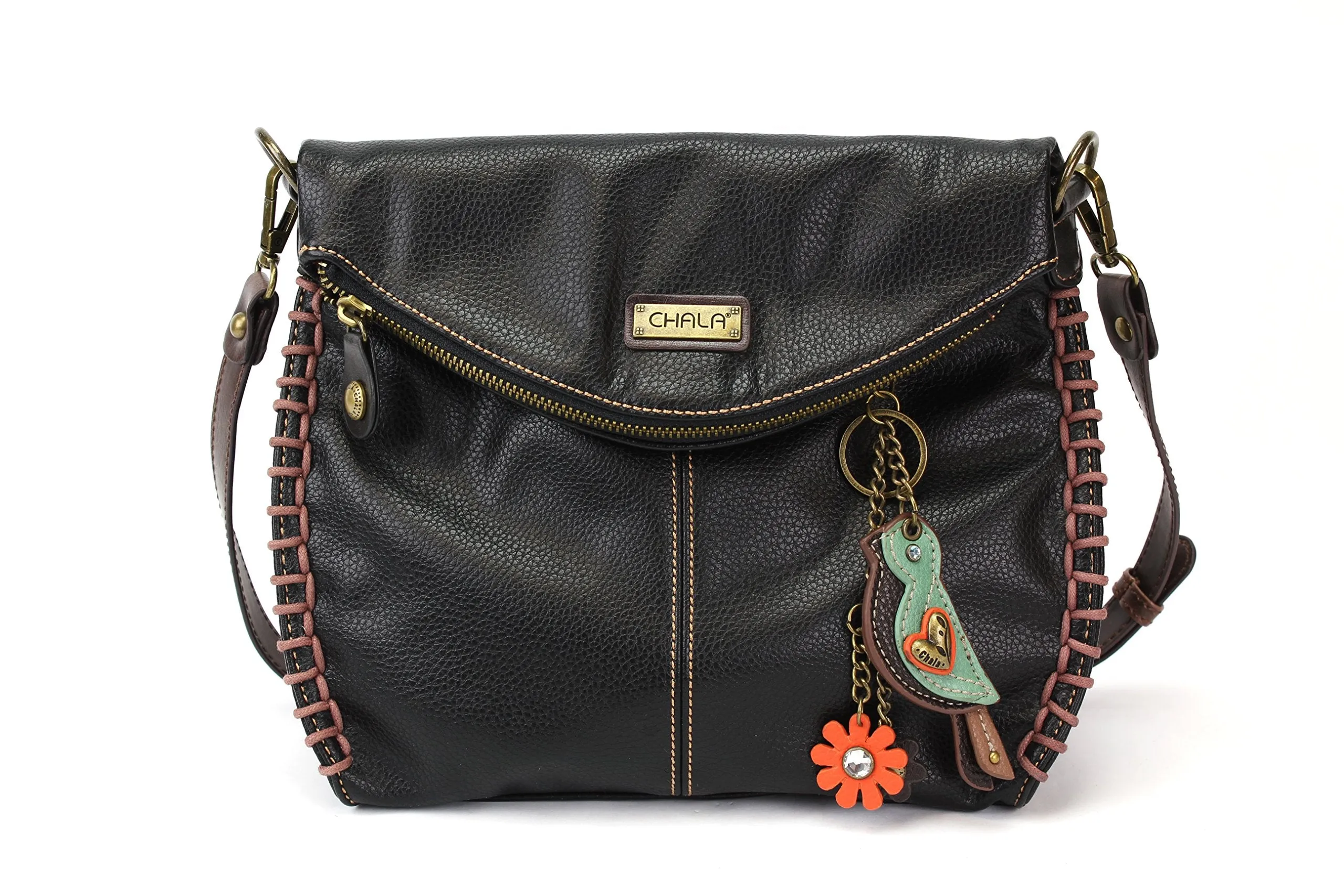 Chala Charming Black Crossbody Bag With Flap Top and Zipper or Shoulder Handbag