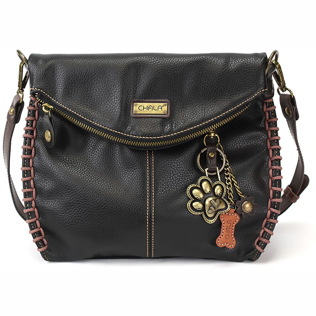 Chala Charming Black Crossbody Bag With Flap Top and Zipper or Shoulder Handbag