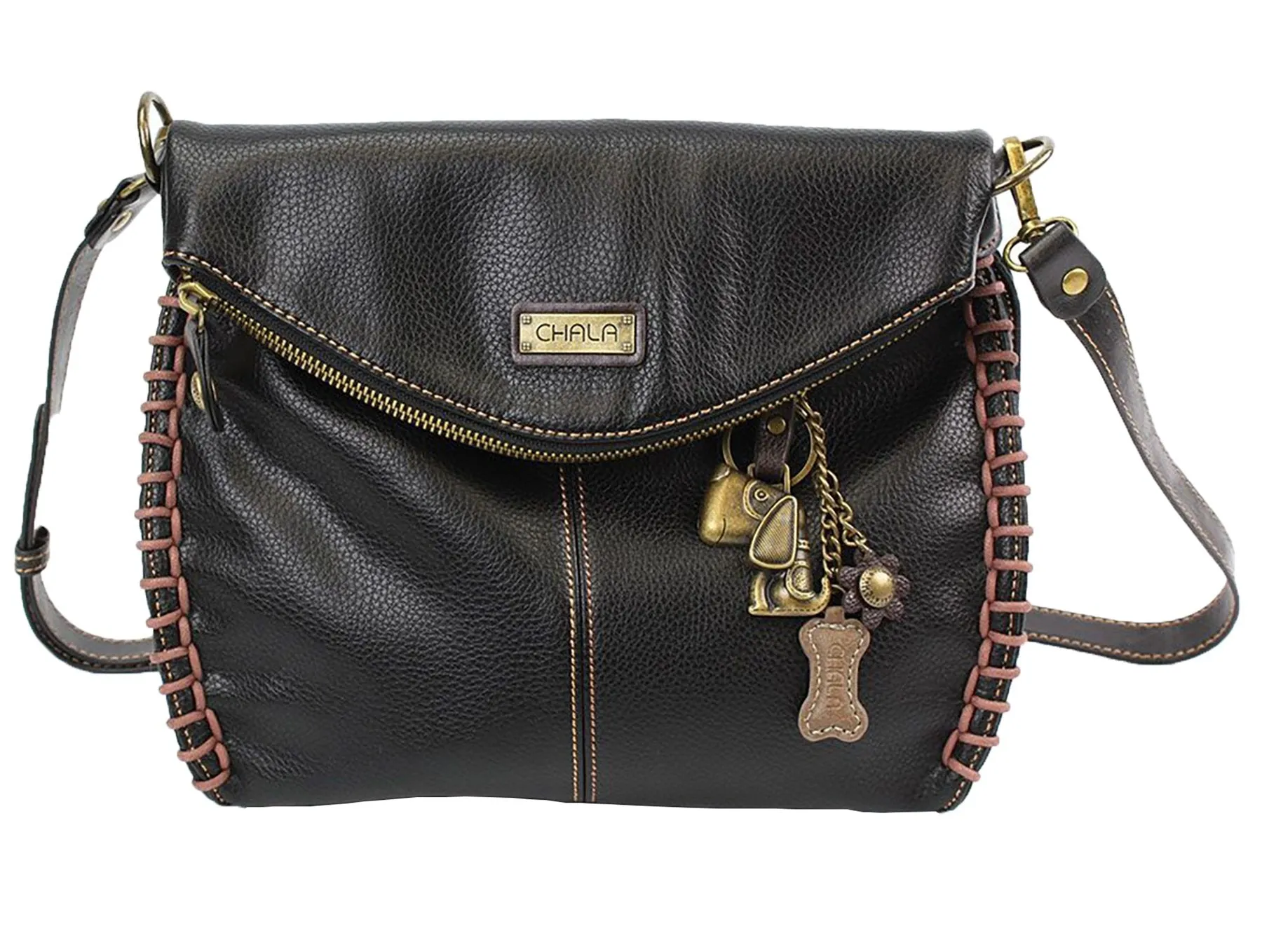 Chala Charming Black Crossbody Bag With Flap Top and Zipper or Shoulder Handbag