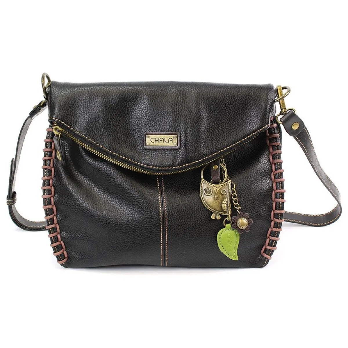 Chala Charming Black Crossbody Bag With Flap Top and Zipper or Shoulder Handbag